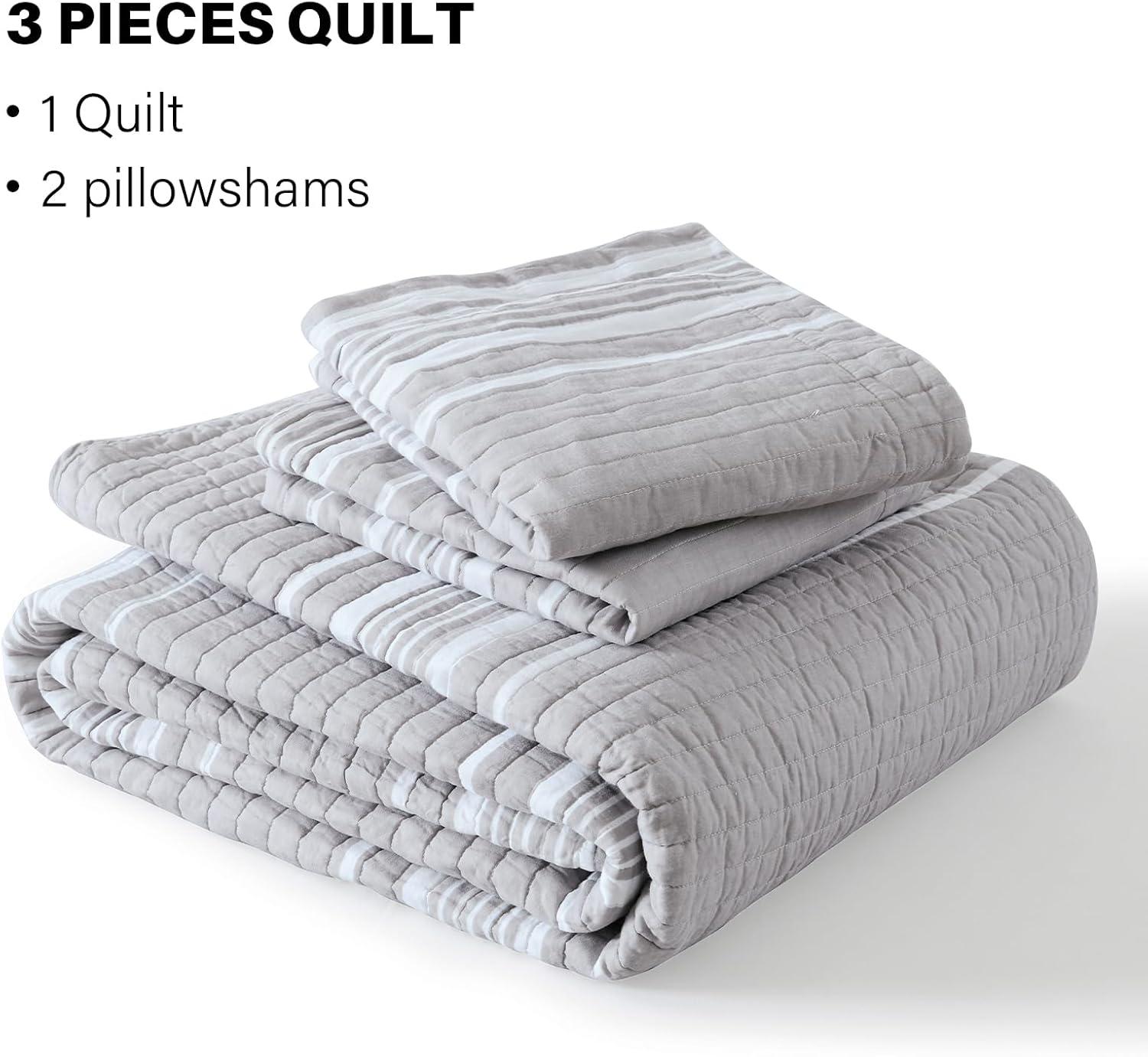3pc King Farmhouse Striped Reversible Quilt Bedding Set Gray - Lush Décor