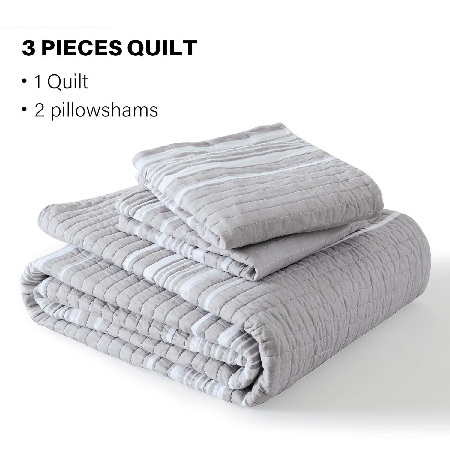 3pc King Farmhouse Striped Reversible Quilt Bedding Set Gray - Lush Décor