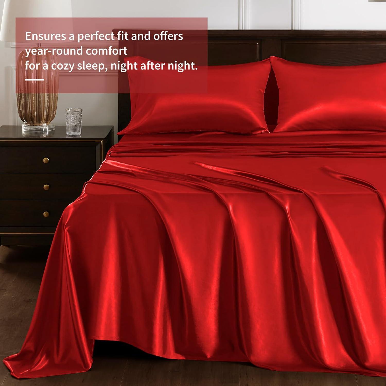 Cloud Fino Luxurious Satin Bed Sheets Burgundy Silk Sheets King 15 " Deep Pocket Pillowcases Sheet, 4-Piece