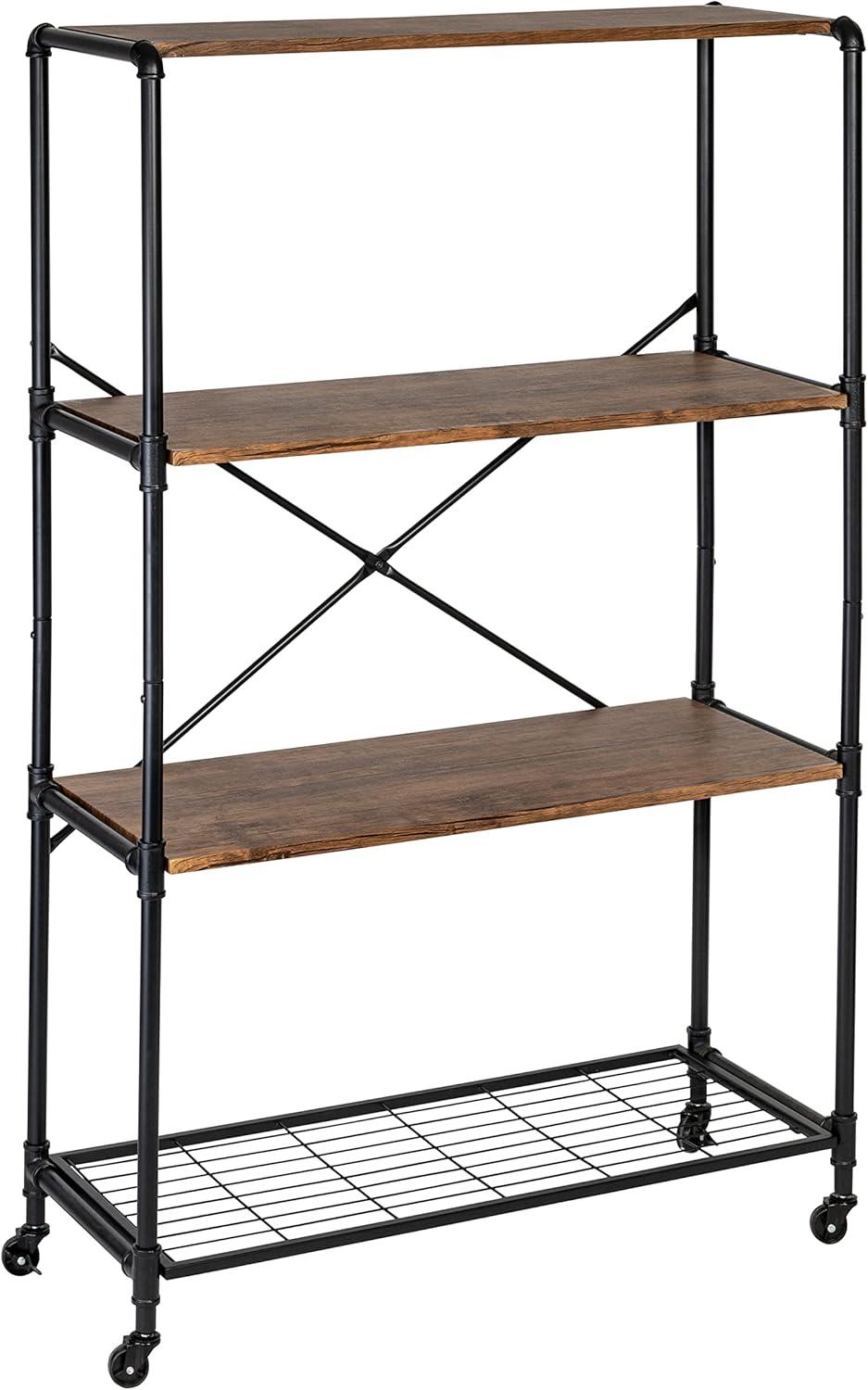 Black and Rustic Brown 4-Shelf Industrial Rolling Bookshelf