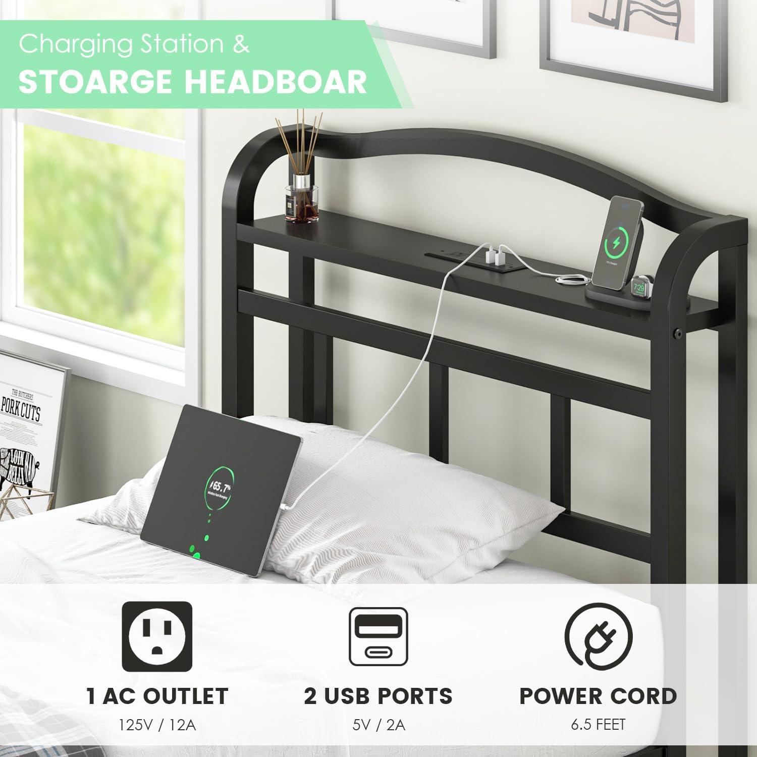 Twin Black Metal Bed Frame with Charging Station and Storage