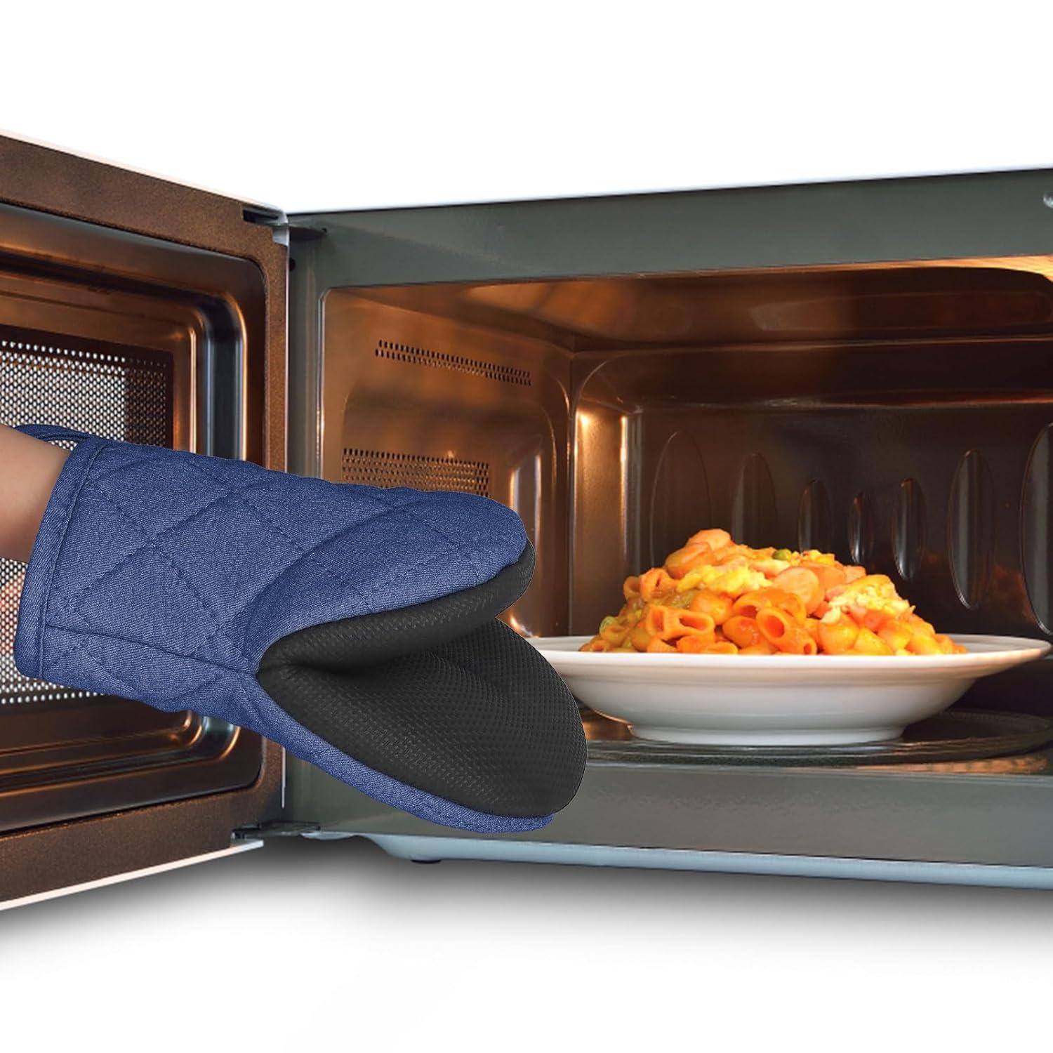 1 Pair Short Oven Mitts, Heat Resistant Silicone Kitchen Mini Oven Mitts for 500 Degrees, Non-Slip Grip Surfaces and Hanging Loop Gloves, Baking Grilling Barbecue Microwave Machine Washable C42