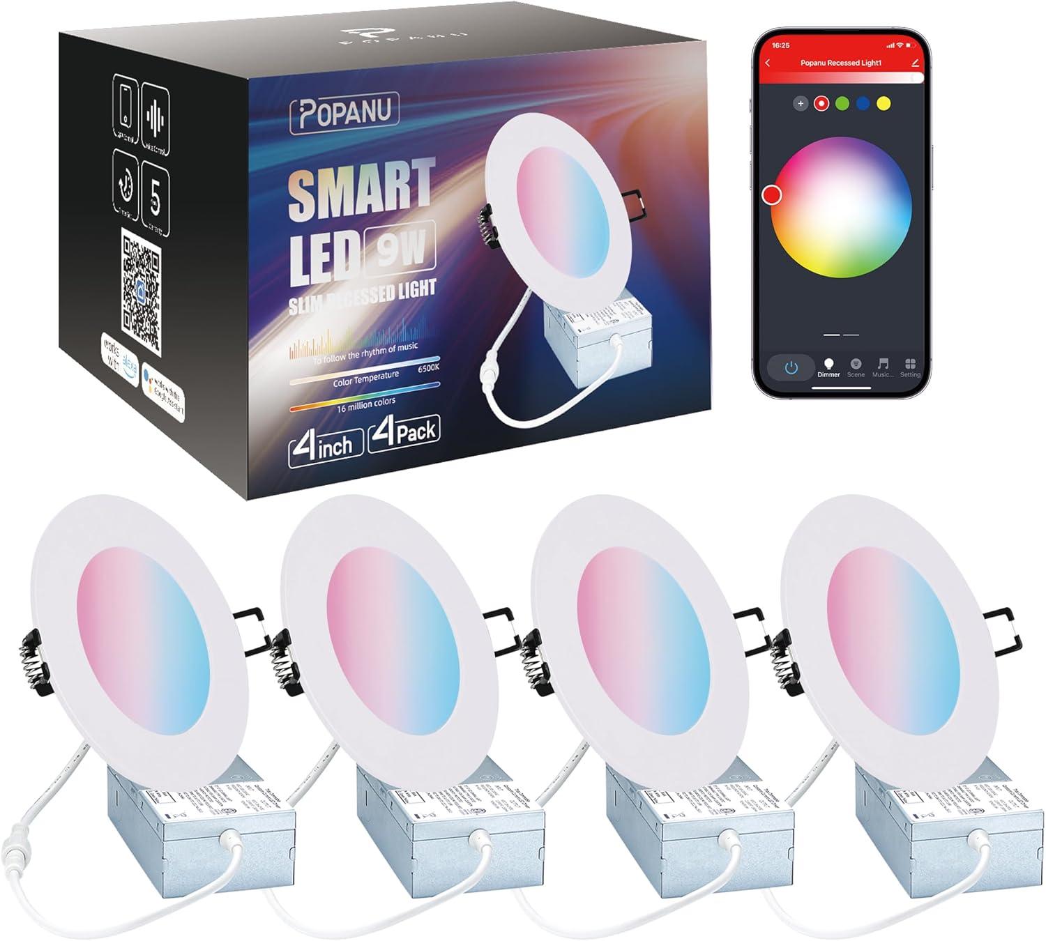 LEDVANS 4 Inch Smart Recessed Light, Color Changing Rgbcw, Voice Control (Set of 4) F-80425