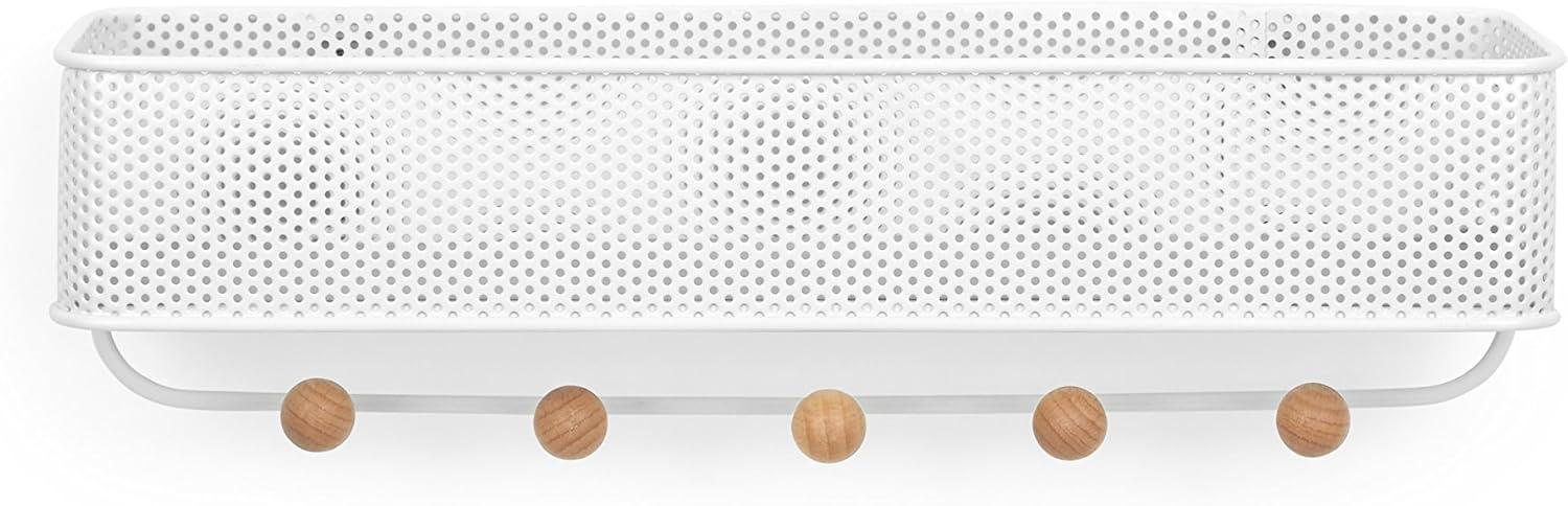 White Steel Wall Organizer with Wooden Knob Hooks