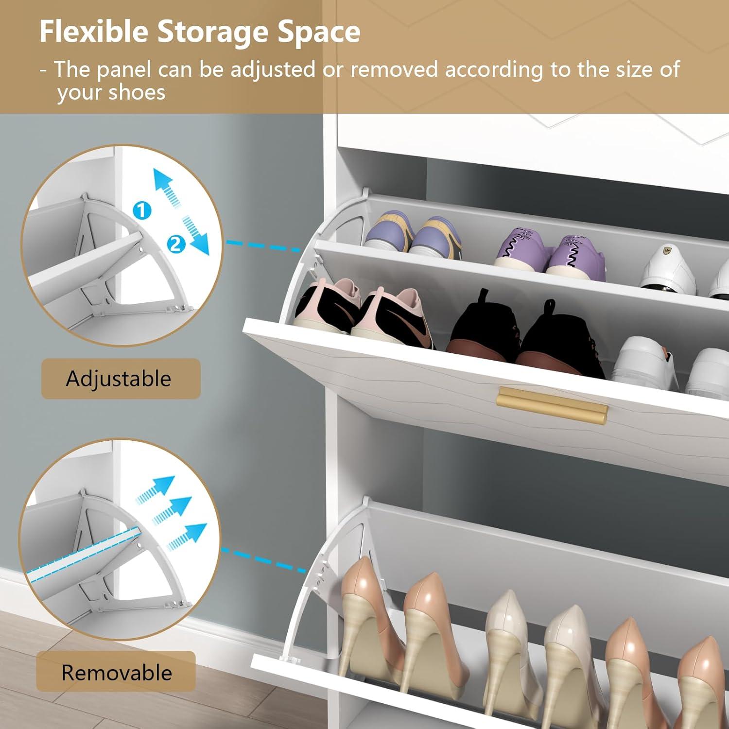 Everly Quinn Shoe Storage Cabinet, Free Standing Shoe Organizer with 3 Flip Drawers and Side Cabinet