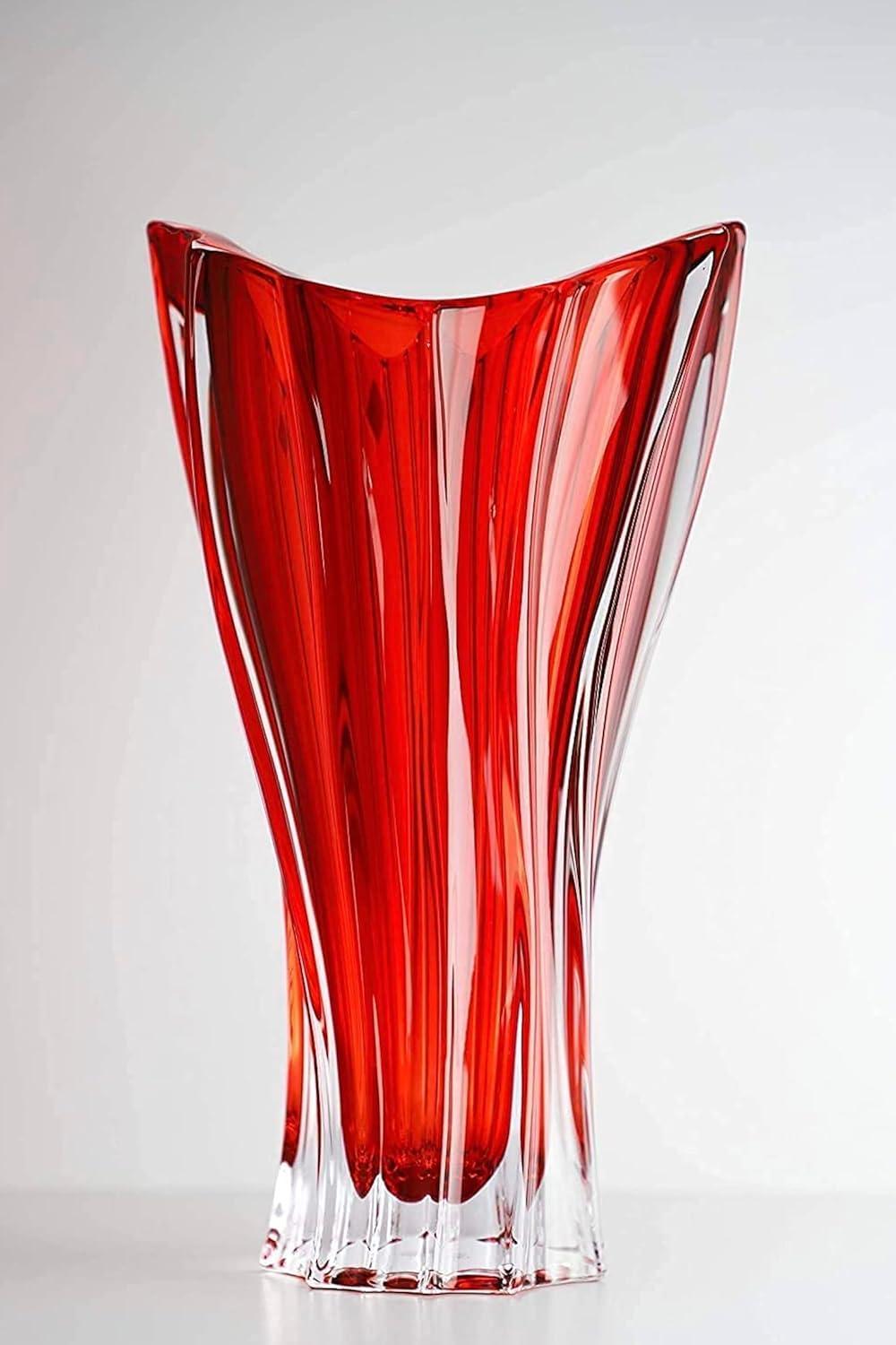 Czech Bohemian Crystal Glass Vase 12''-Height Red ''Plantica'' European Design Elegant Centerpiece Flower Vase Home Decor Wedding Birthday Housewarming Anniversaries