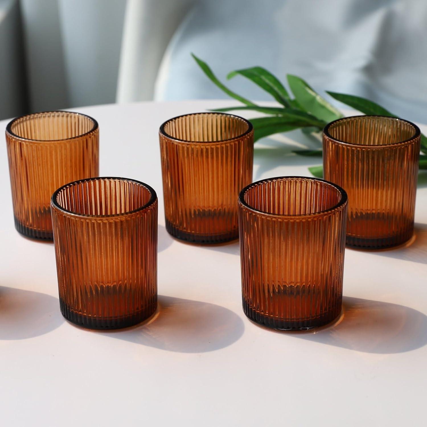 Amber Ribbed Glass Votive Candle Holders, Set of 12