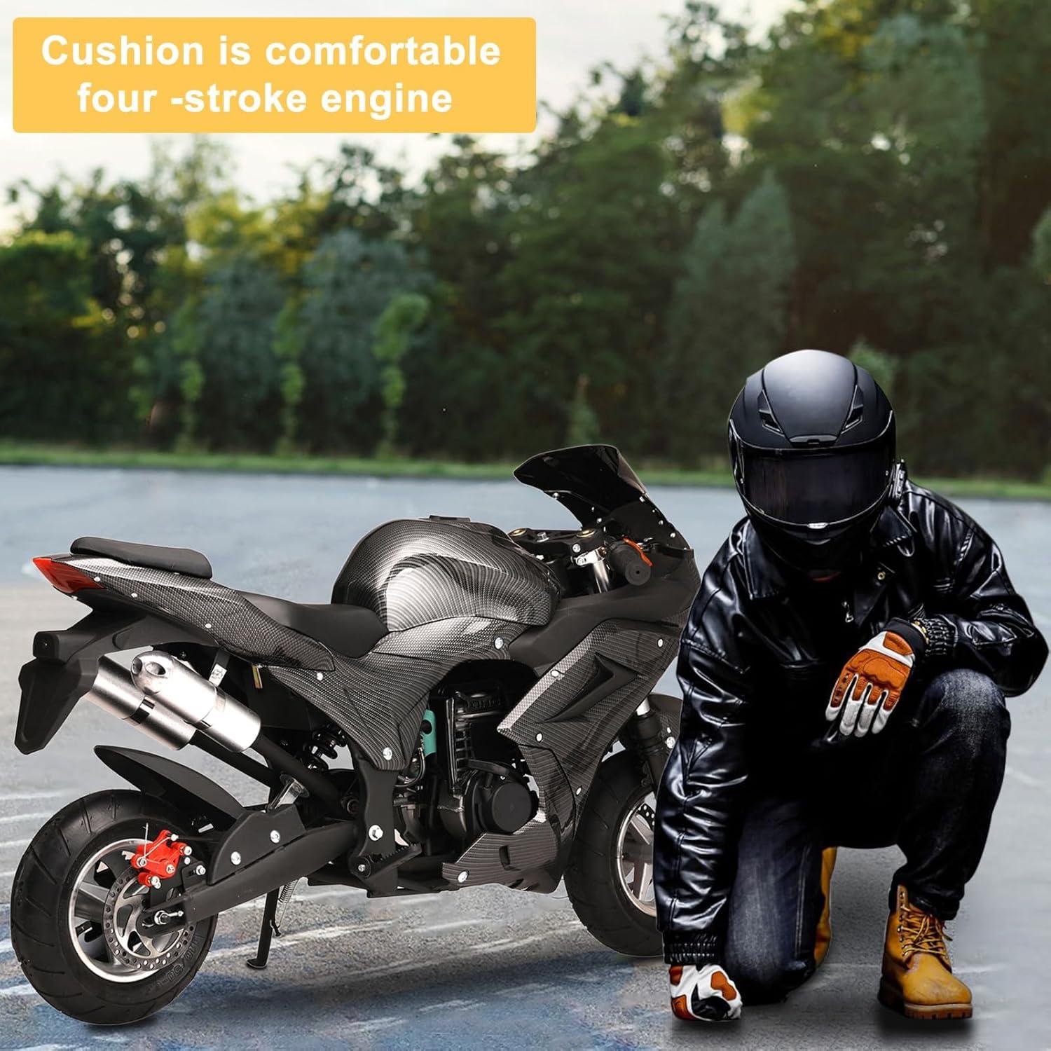 Mini Pocket Bike Motorcycle 49cc 4-Stroke Gas Bike Motorbike with Front Rear Disc Brakes, Gas Pocket Motorbike Racing Max Speed 25MPH, Dual Headlights Black