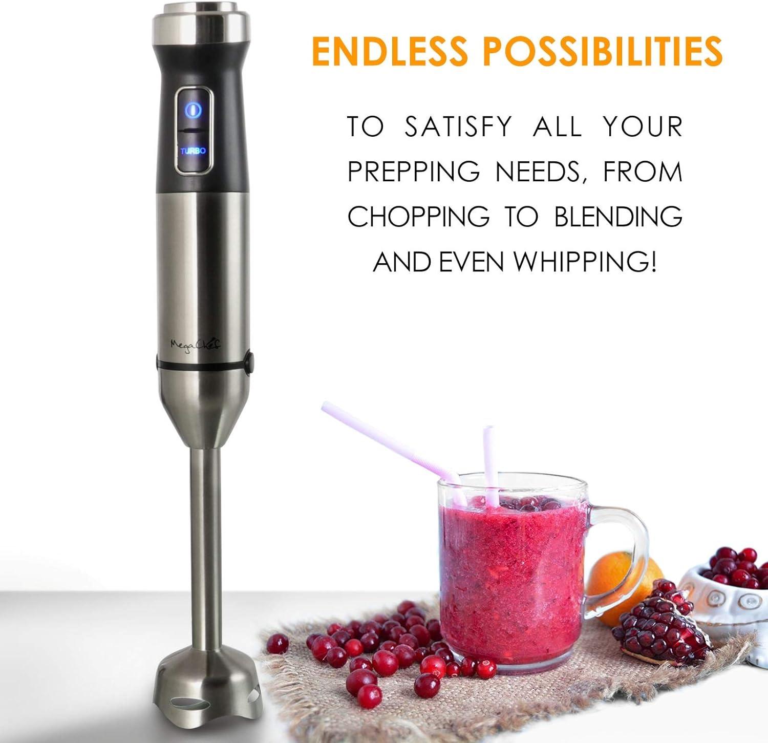 MegaChef 4-in-1 Multipurpose Immersion Hand Blender - Silver: Portable Handheld, 300W, 2 Speeds, Includes Chopper & Whisk