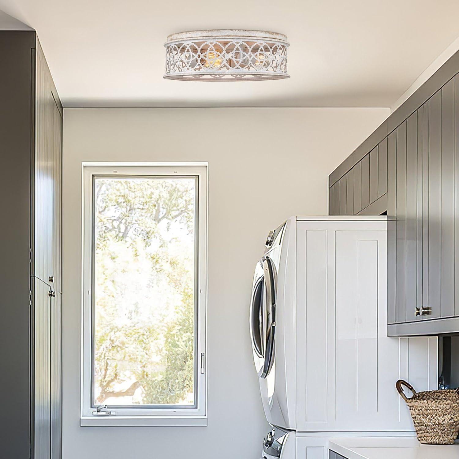 Kira Home Blythe 17" 3-Light Rustic Farmhouse Flush Mount Ceiling Light + Metal Cage Drum Shade, Antique White Finish