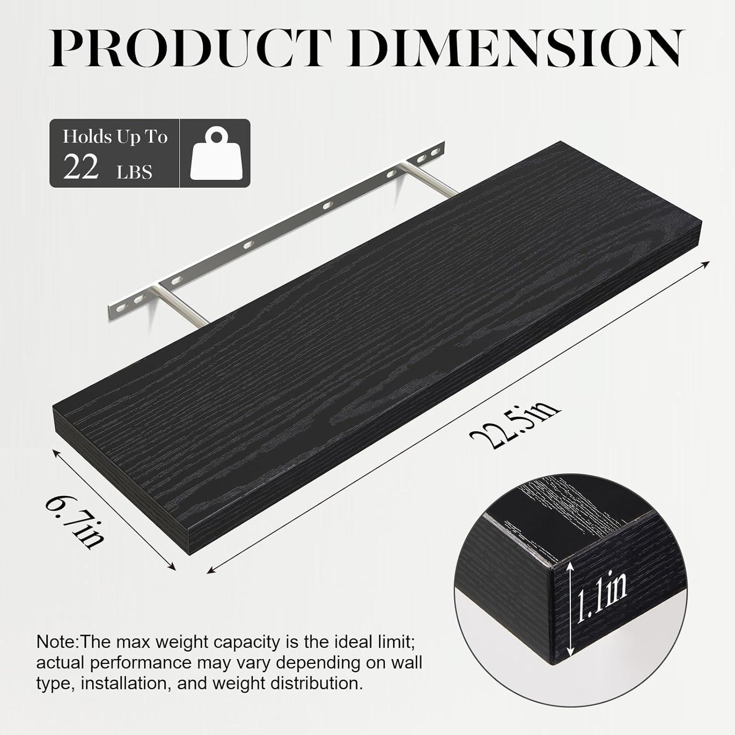 BAYKA Floating Shelves for Wall, 22.5 inches Wall Mounted Rustic Wood Shelves for Bathroom, Bedroom, Living Room, Floating Shelves for Books/Storage/Decor with 22lbs Capacity(Black,Set of 3)