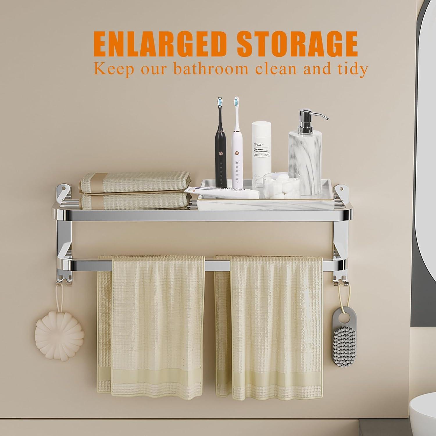 Roundhill Furniture BLK49PMD-S Bathroom Towel Rack Towel Rack Double Towel Bar Bathroom Wall Mount with Hooks Stainless Steel Hotel Bathroom Rack 23 in.