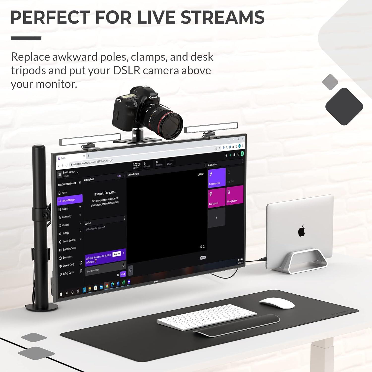 HumanCentric DSLR Monitor Mount Small, Desk Camera Mounting, Light Webcam, Microphone Shelf for Monitor VESA Arm, Replace Clamp Tripods, 100x100mm Patterns, Aluminum, Hardware Included