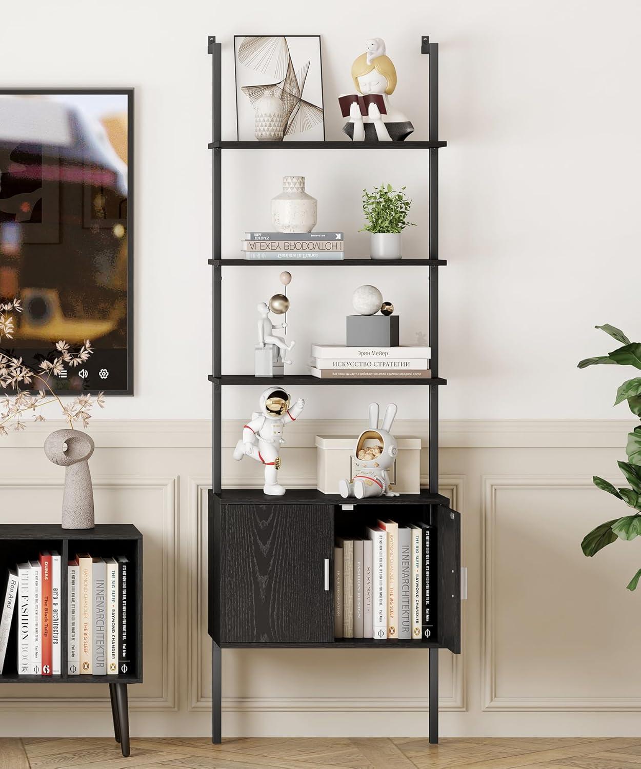 Black Industrial Ladder Bookshelf with Cabinet and Metal Frame