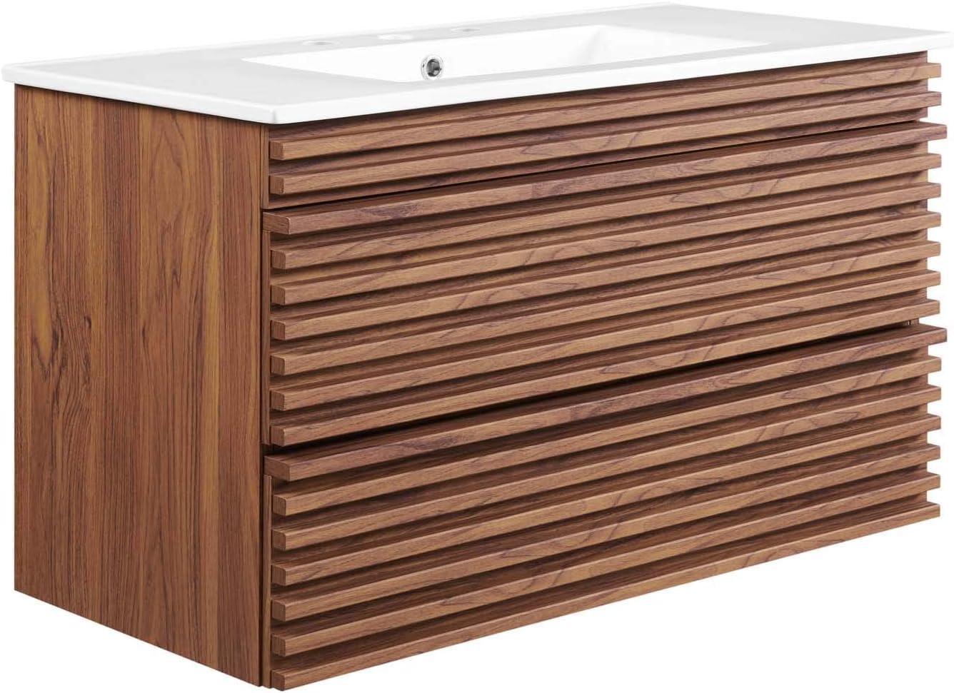 Modway Render 36" Wall-Mount Bathroom Vanity in Walnut White