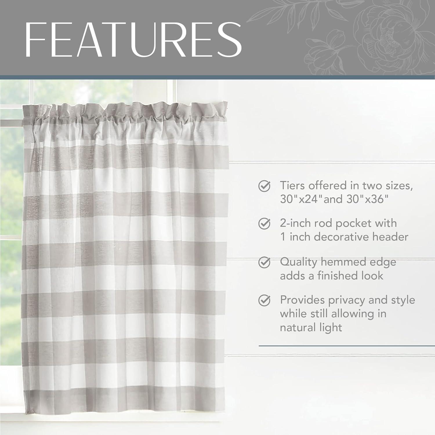 Farmhouse Living Buffalo Check Kitchen Tier Window Curtain Set of 2 - 30" x 36" - Gray/White - Elrene Home Fashions