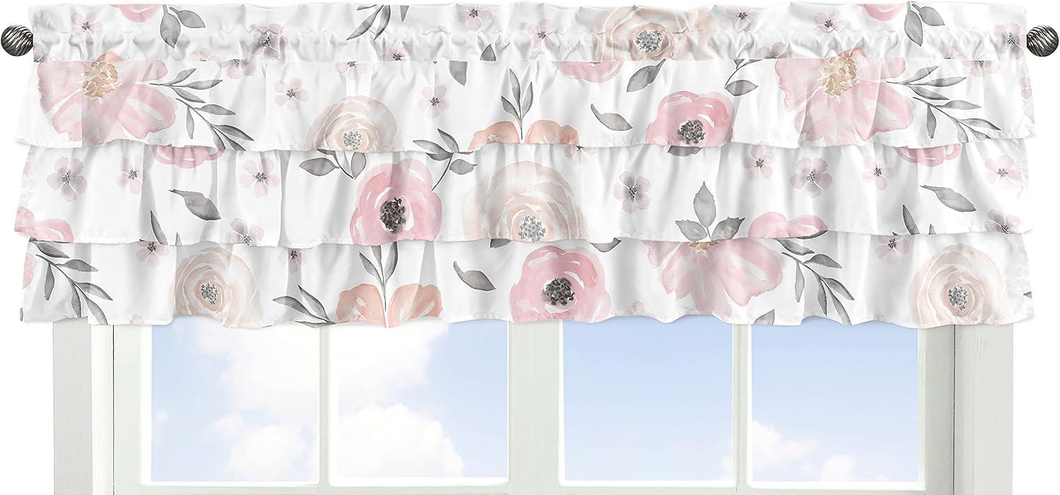 Blush Pink and Grey Floral Ruffled Window Valance