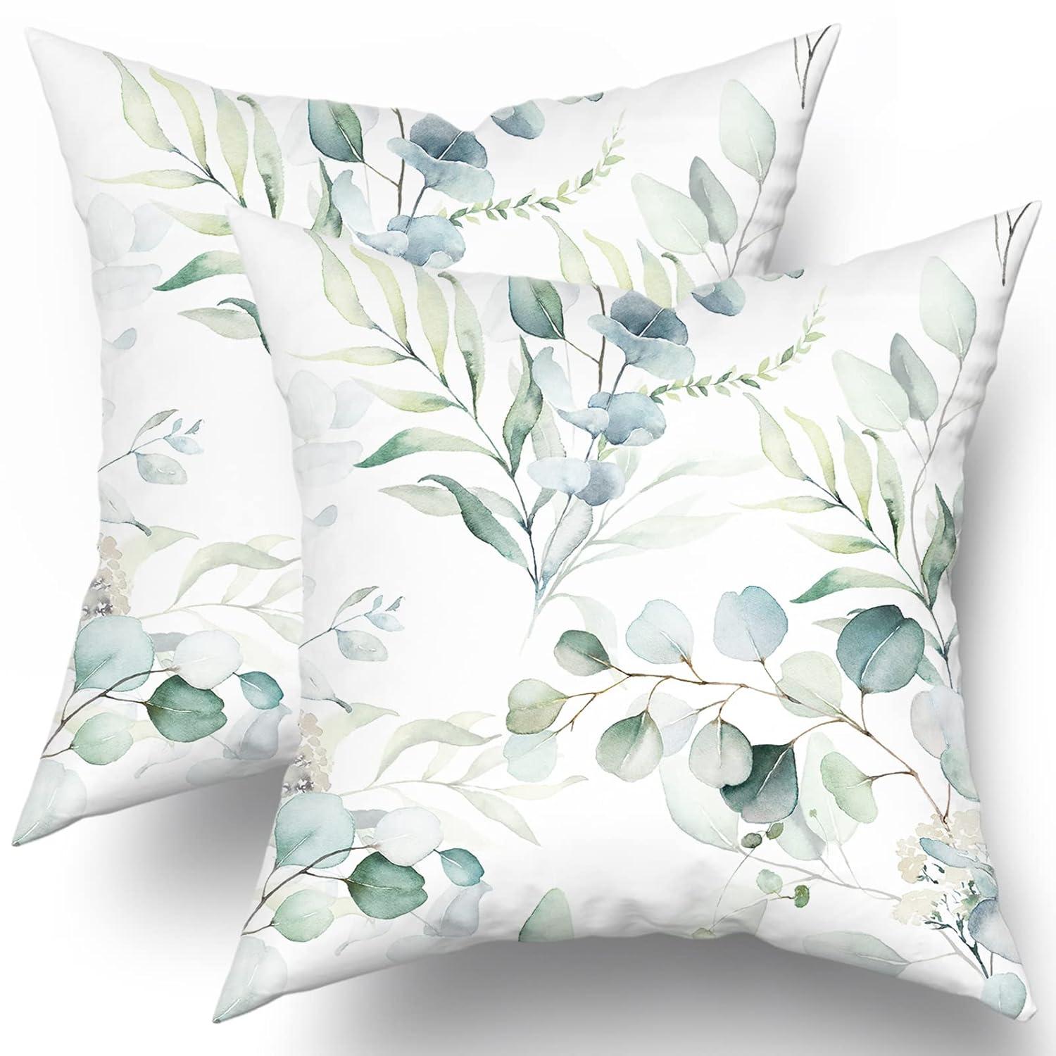 Spring Sage Green Leaf Pillow Covers 18x18 inch Set of 2 Eucalyptus Floral Watercolor Pillow Cases Modern Throw Pillows Cover Decor Gifts for Bed Couch Sofa Living Room