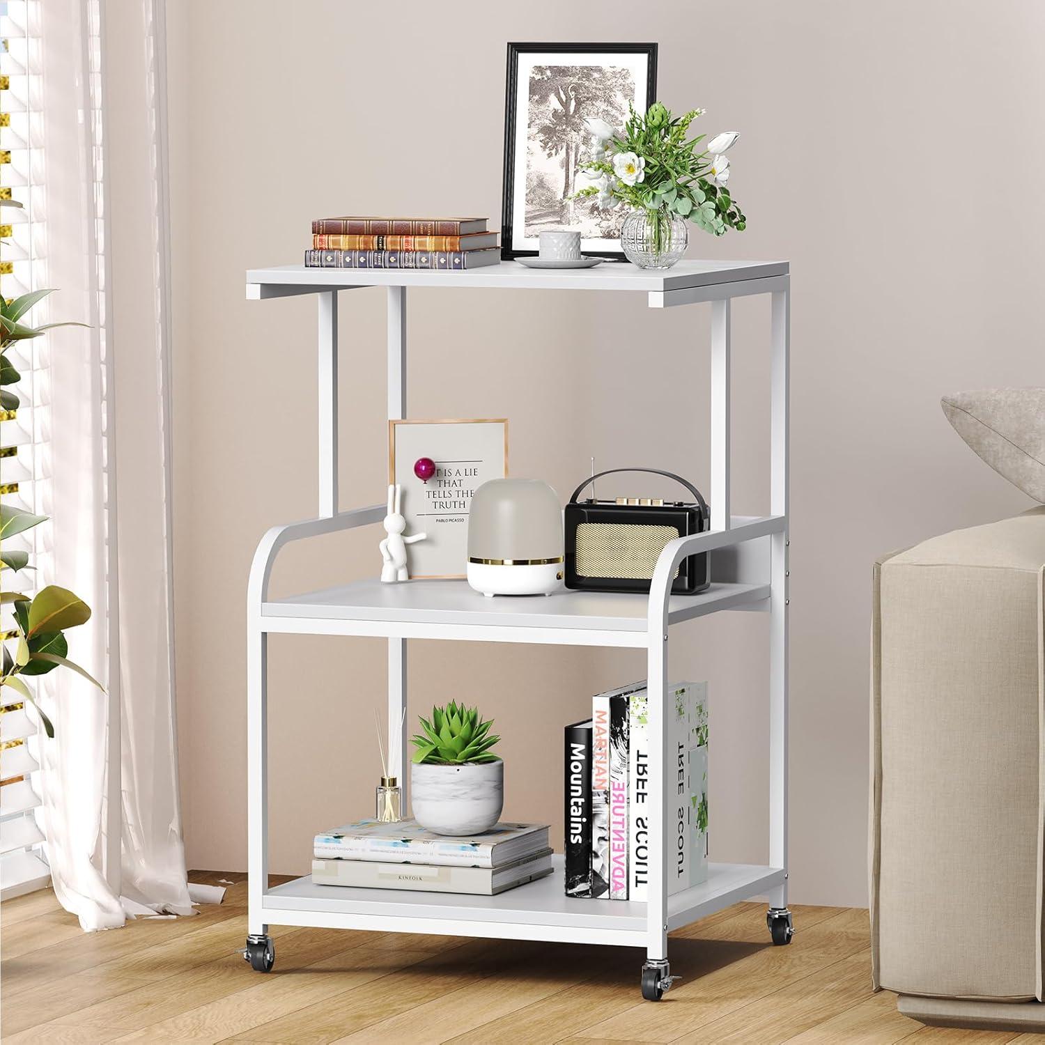 EasyCom Printer Stand- Large 3 Tier Printer Table with Wheels- Industrial Printer Storage Cart- Rolling Printer Cart with Storage Shelf for Printer Scanner Fax Home Office Use- White