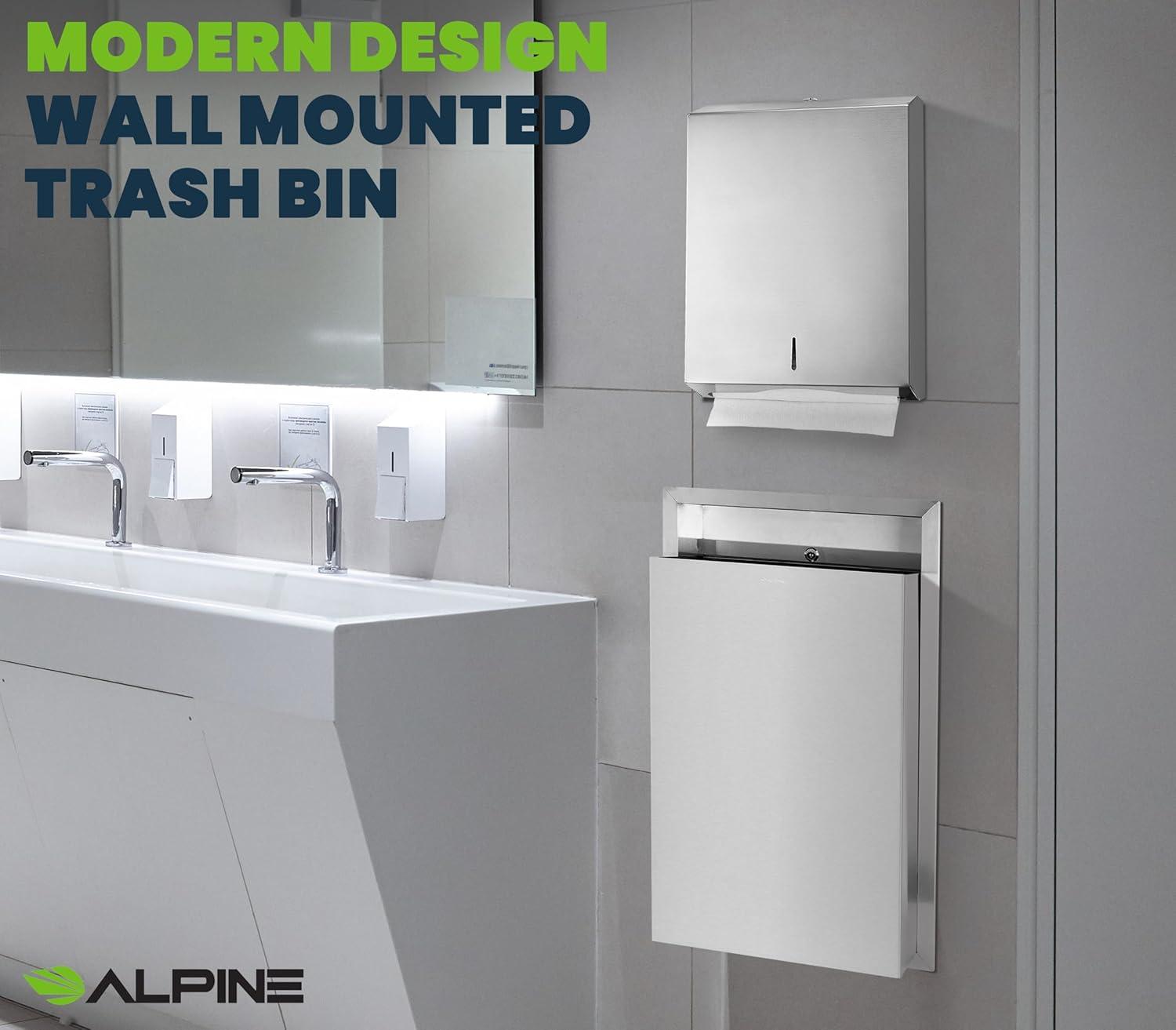 Alpine Recessed Waste Receptacle - Large 12 Gallon Brushed Finish Stainless Steel Mounted in Wall Trash Can for Commercial Bathrooms in High Traffic Areas Like Restaurant, Airport, Hotel, School