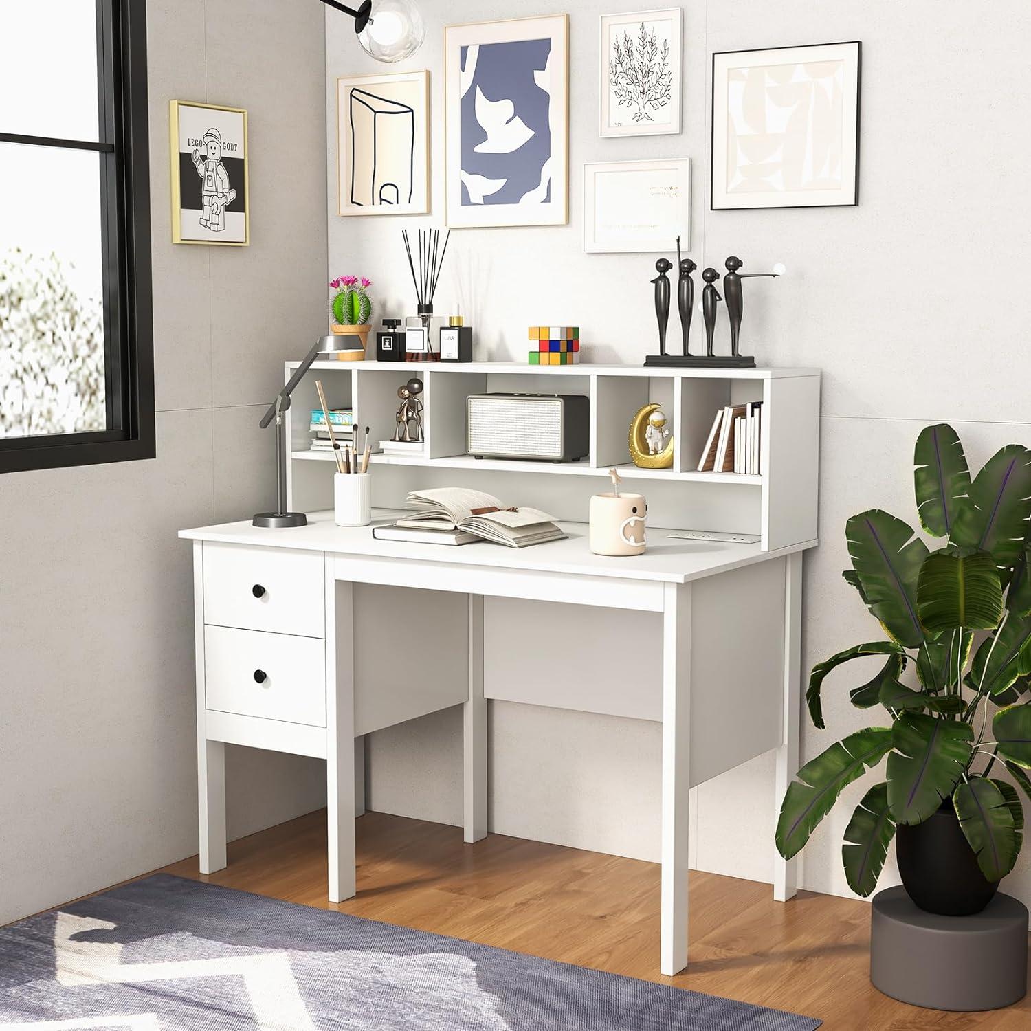 White Modern Wood Desk with Hutch and Drawers