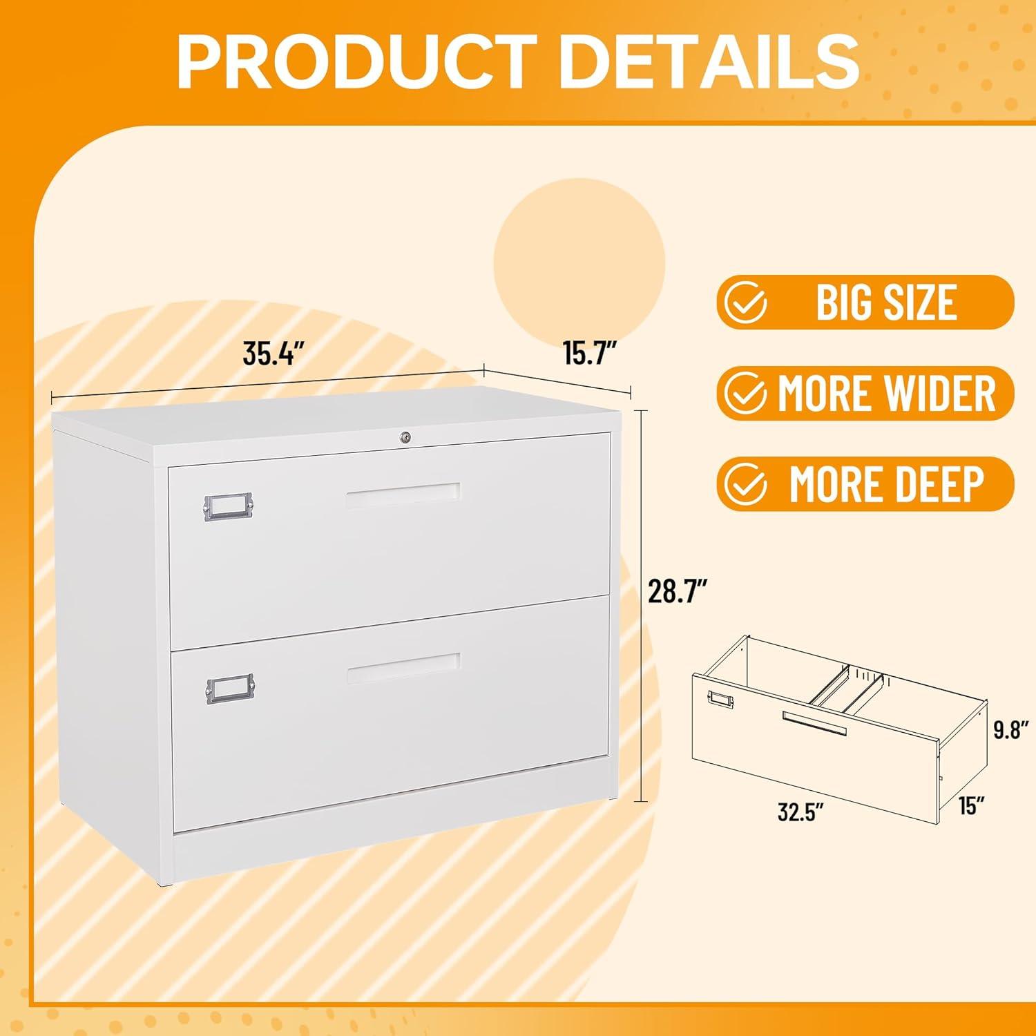 2 Drawer Lateral File Cabinet with Lock Metal Filing Cabinet Steel Wide File Cabinets with Anti-tilt Mechanism for Home Office/Legal/Letter/A4/F4 Size Hanging Files Assembly Required White