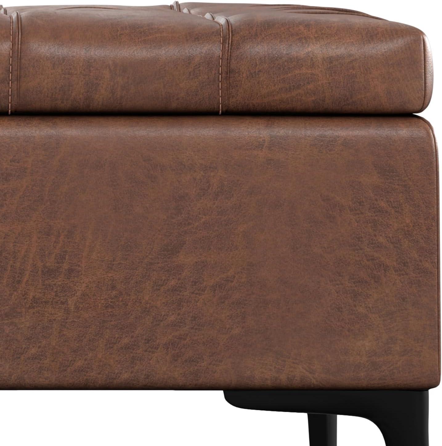 Simpli Home Laura 36 inch Wide Mid Century Square MidÂ CenturyÂ Lift TopÂ Storage Ottoman in Distressed Saddle Brown Vegan Faux Leather