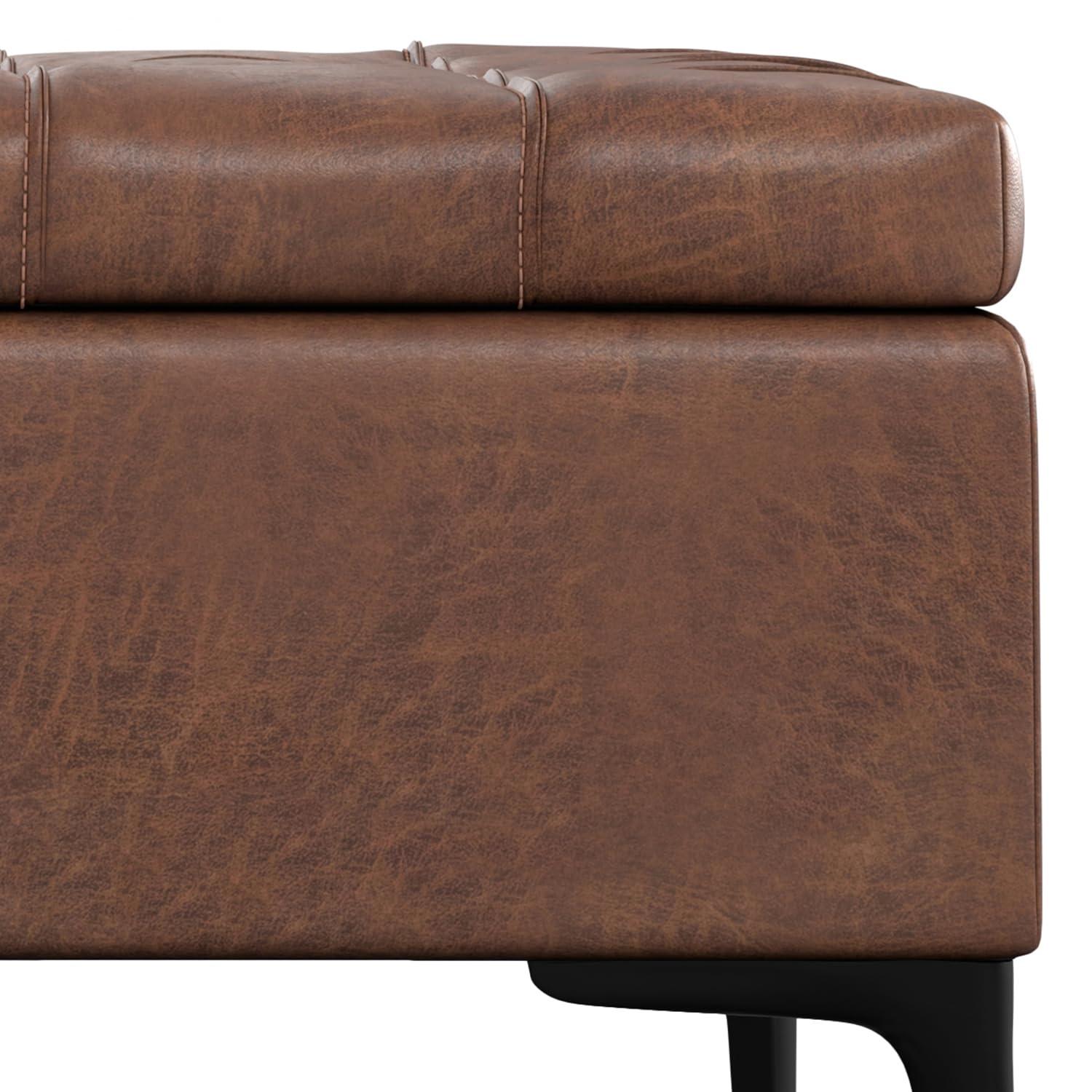 Simpli Home Laura 36 inch Wide Mid Century Square MidÂ CenturyÂ Lift TopÂ Storage Ottoman in Distressed Saddle Brown Vegan Faux Leather