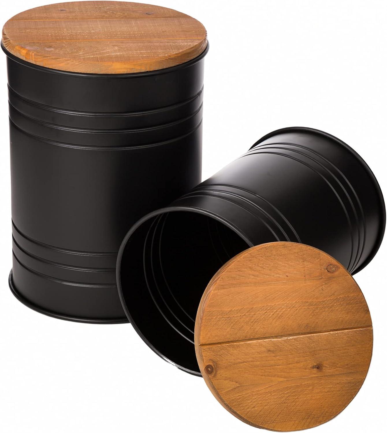 Rustic Storage Ottoman Seat Stool, Farmhouse Accent Side Table, Antique Galvanized Metal End Table Box Bin with Round Wooden Lid Set of 2 (Black)