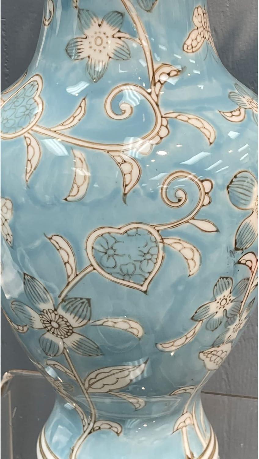 Light Blue and White Floral Chinoiserie Ceramic Vase 14"