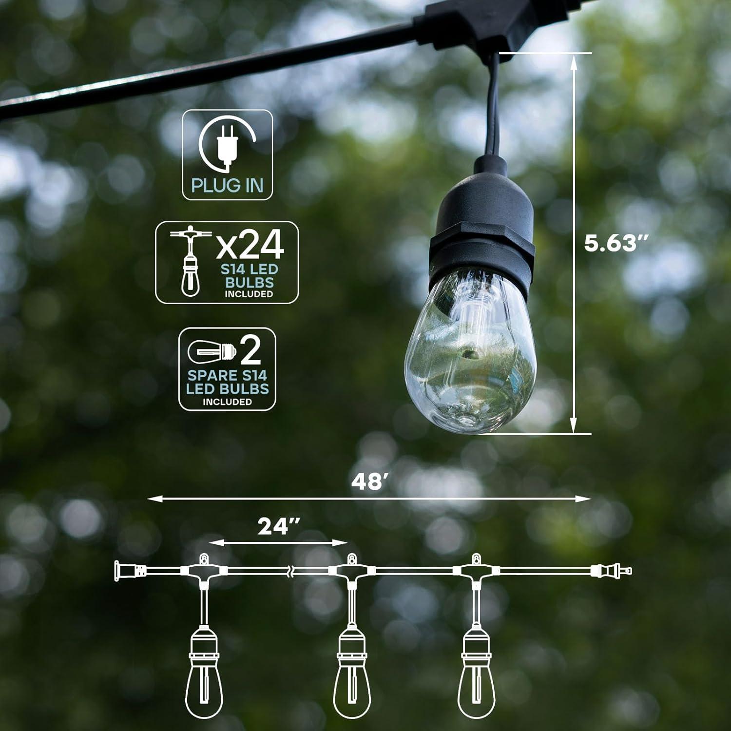 Luxrite 48FT LED RGBW Outdoor String Lights, Remote Control Color Changing Cafe Lights, Commercial Grade Waterproof, 24 Edison S14 Shatterproof Bulbs, IP65, Dimmable Outside Hanging Lights for Patio