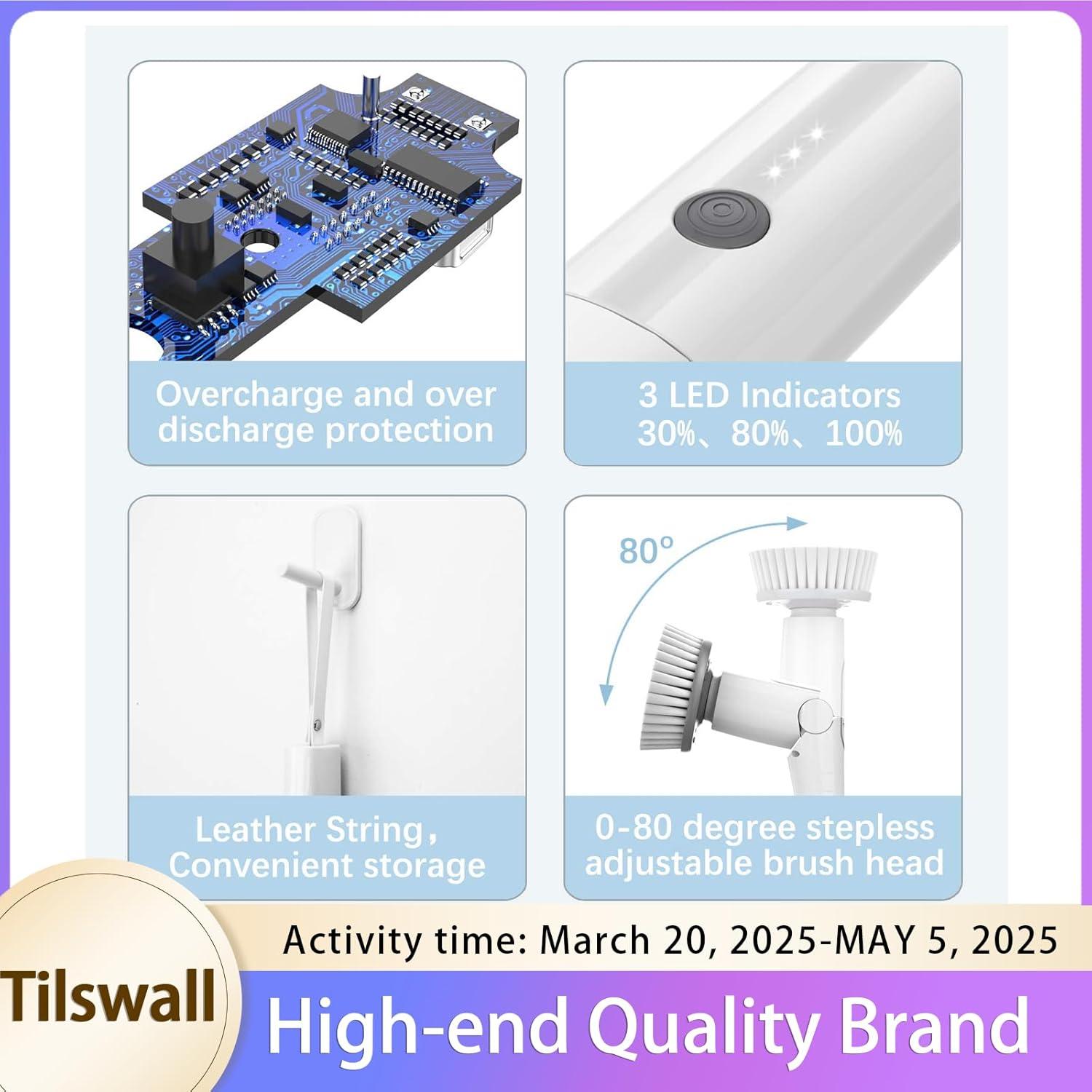Tilswall Cordless Electric Spin Scrubber - IPX7 Waterproof Cleaning Brush with 180Min Runtime & 43" Extendable Handle, Ideal Gift for Home/Bathroom/Car (Includes 4 Brush Heads)