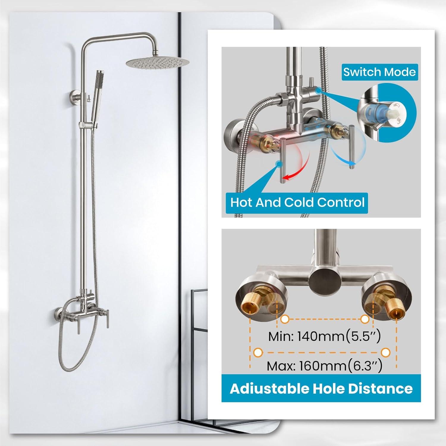 Brushed Nickel Wall Mounted Rain Shower System with Handheld