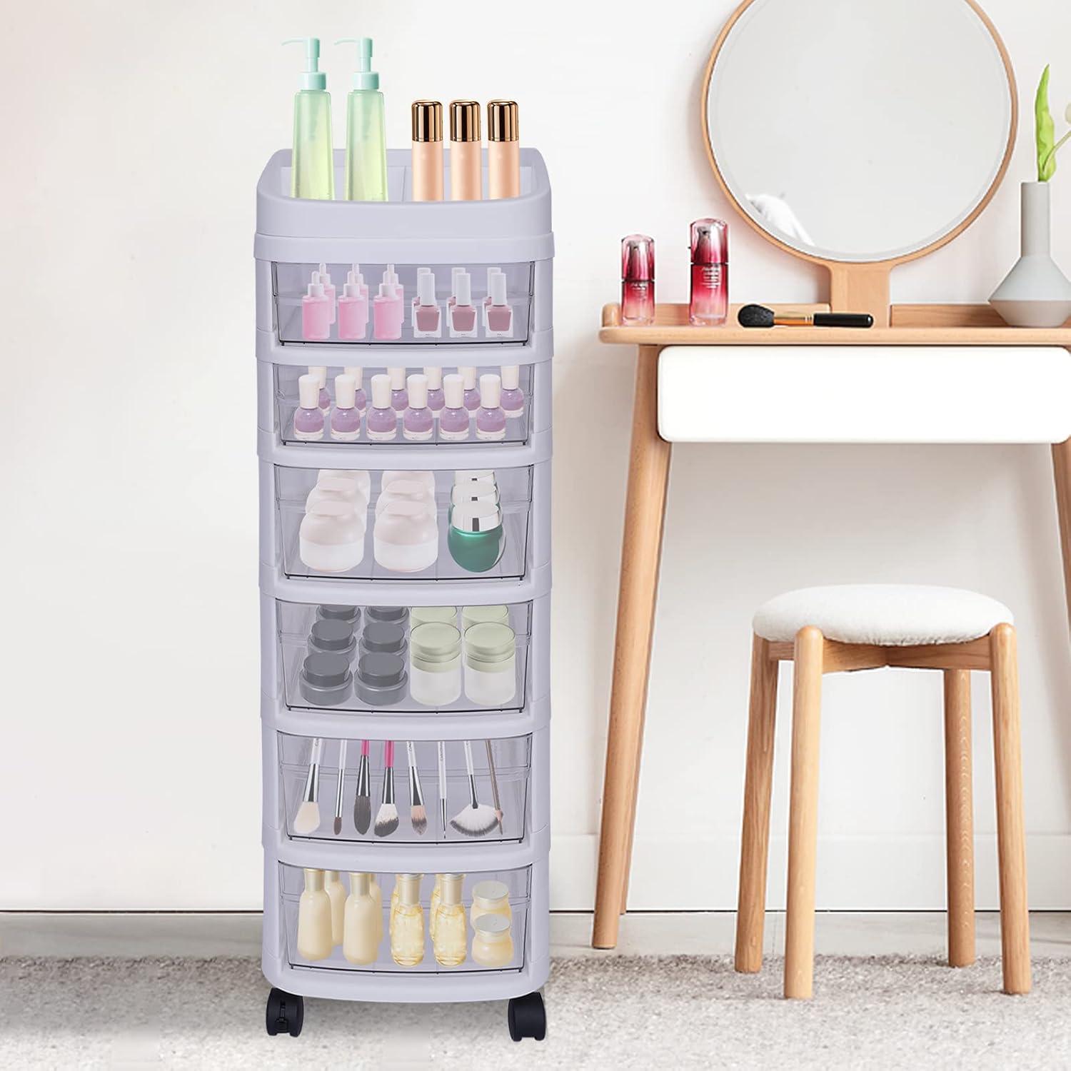 White 6-Tier Plastic Rolling Storage Cart with Clear Drawers