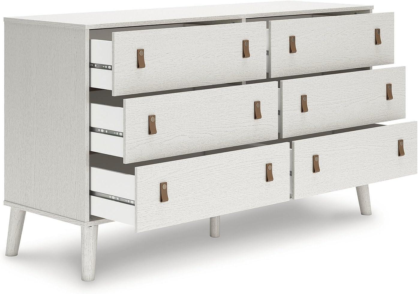 White Contemporary 6-Drawer Dresser with Faux Leather Pulls