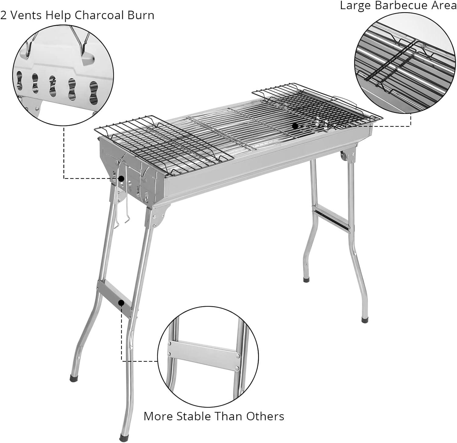 Portable Charcoal Grill, 28x 13 x 27" Foldable Barbecue Grill, Stainless Steel BBQ Grill for Outdoor Cooking Camping Hiking Picnic Garden Beach Party