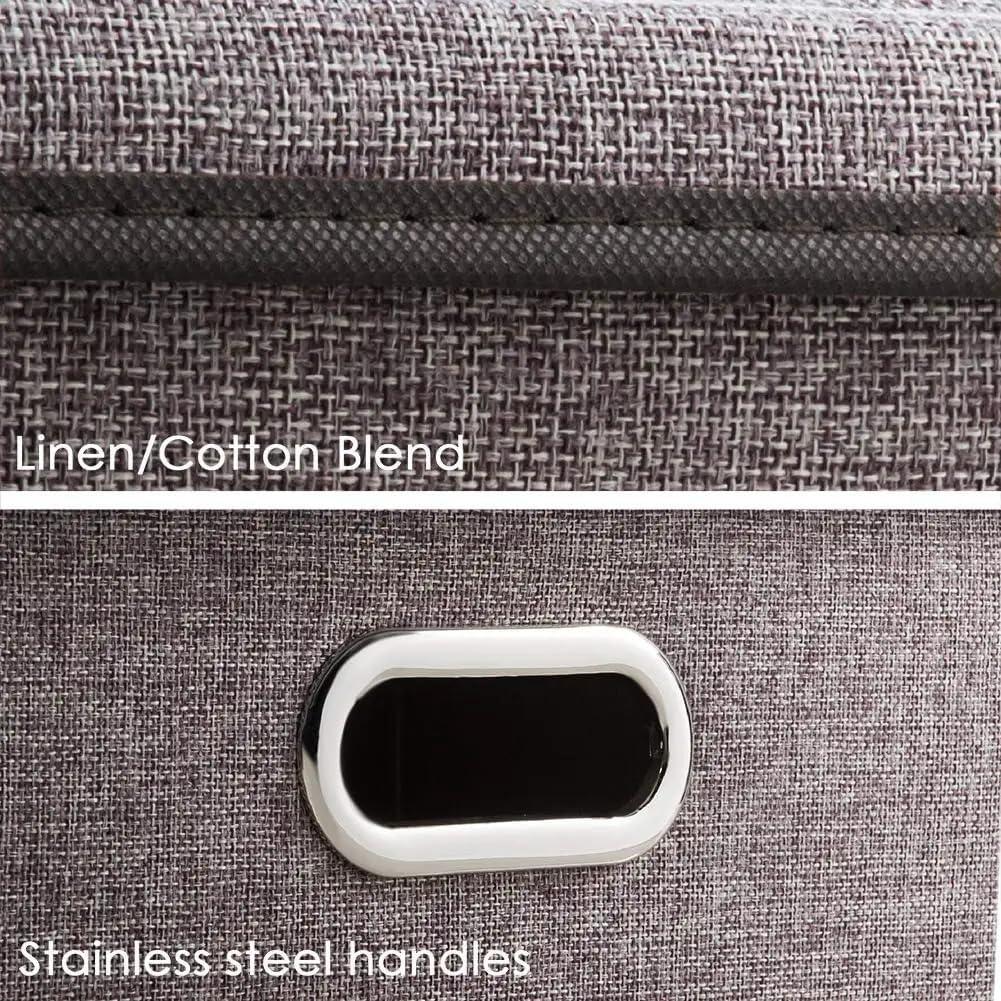 3 Pack Collapsible storage bins with lid. Foldable Storage bins for shelves, closet, office bedroom, or nursery. Containers made with linen fabric and stainless steel handles for organizing.