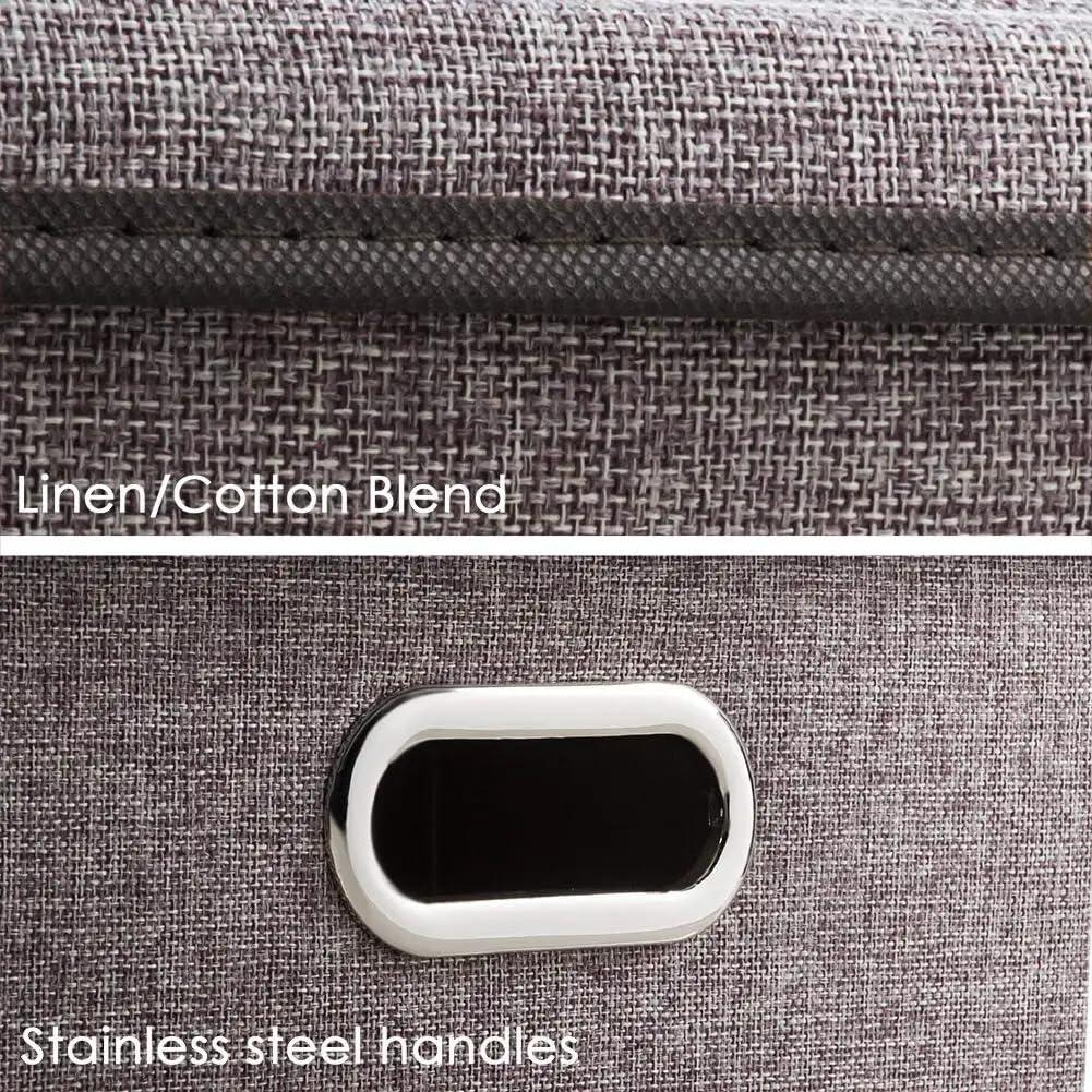 3 Pack Collapsible storage bins with lid. Foldable Storage bins for shelves, closet, office bedroom, or nursery. Containers made with linen fabric and stainless steel handles for organizing.