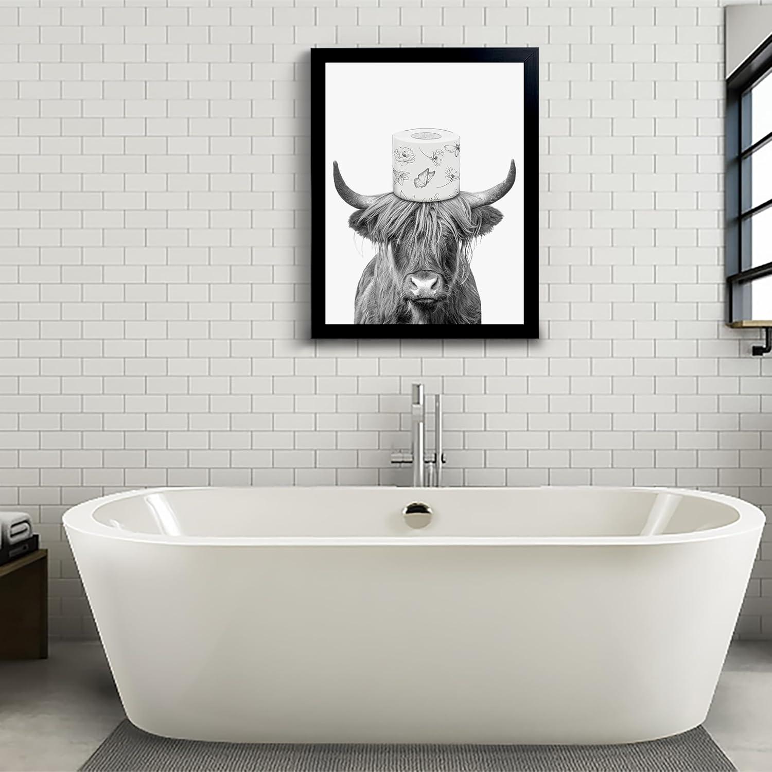 Black Framed Bathroom Decor - Funny Highland Cow Wall Art in Bathtub, Black and White Canvas Cow In Bathroom Picture, Humor Animals Artwork Prints, Rustic Farmhouse Style Wall Decor Ready To Hang for Living Room, Bathroom, Bedroom, Kids Bathroom