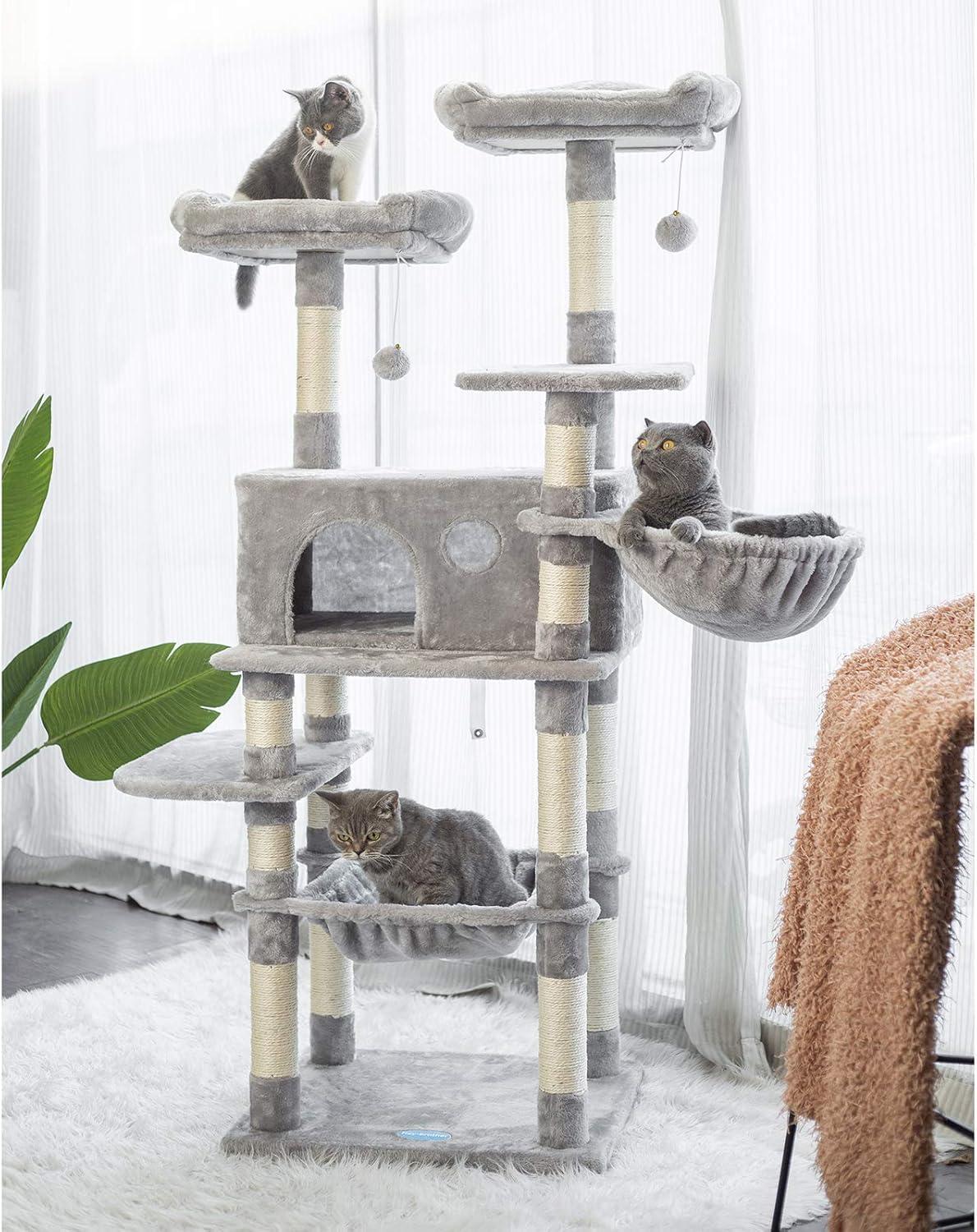Hey-brother Cat Tree for Large Cats, Cat Tower with Scratching Posts, 2 Padded Plush Perches, Big Condo and Cozy Basket, Smoky Gray MPJ025G