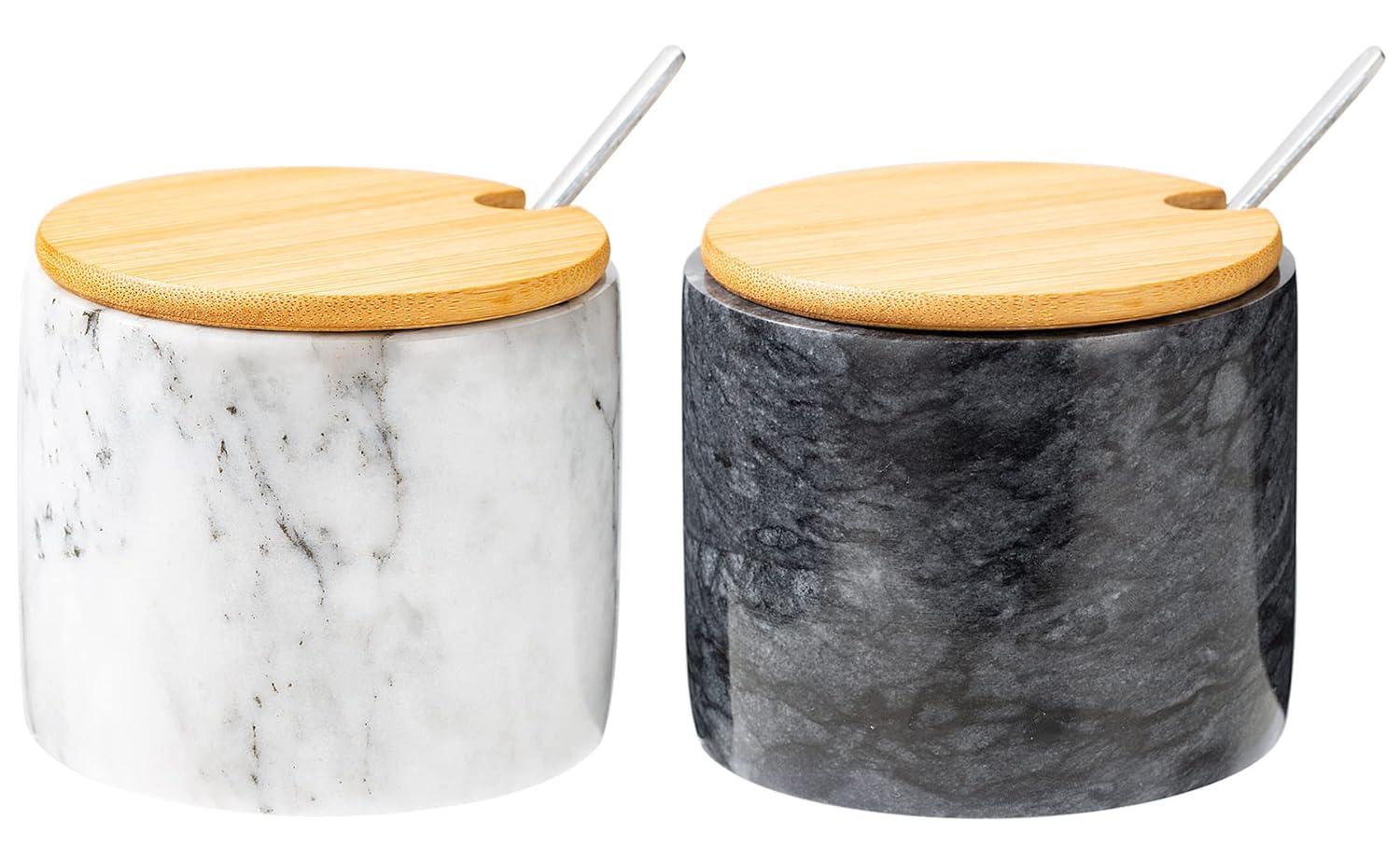 Marble Salt Cellar Set, 2 PCS 11oz Salt and Pepper bowls, Handcrafted from Natural Marble Gift for Mothers Day(White & Black Set)