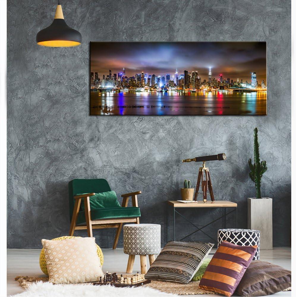 sechars - New York City Wall Art Manhattan Skyline Panorama on Cloudy Night Picture Giclee Art Print Modern Home Office Wall Decoration