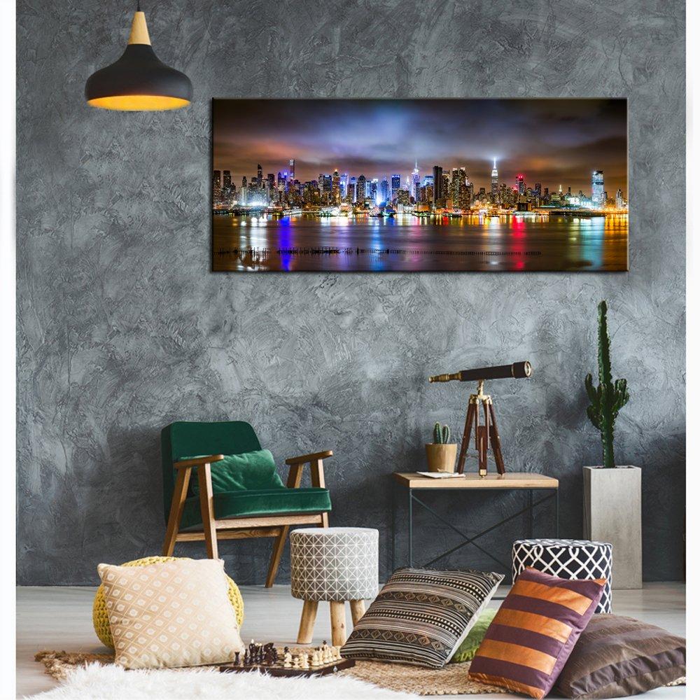 sechars - New York City Wall Art Manhattan Skyline Panorama on Cloudy Night Picture Giclee Art Print Modern Home Office Wall Decoration