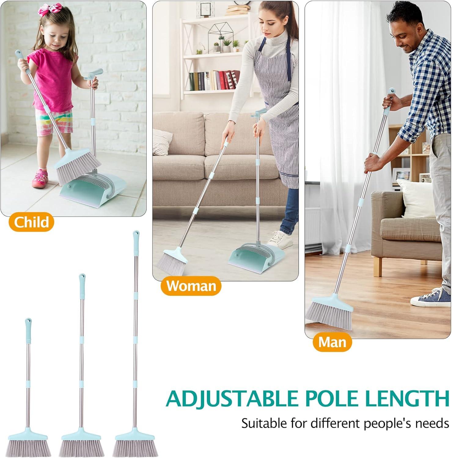 QUALITY FLOORING INC. Broom And Dustpan Set For Home, Broom With Dustpan Cleaning Teeth Combo Set, Indoor Sweep Broom, 55” Long Handle Broom For Office Home Kitchen Lobby Floor