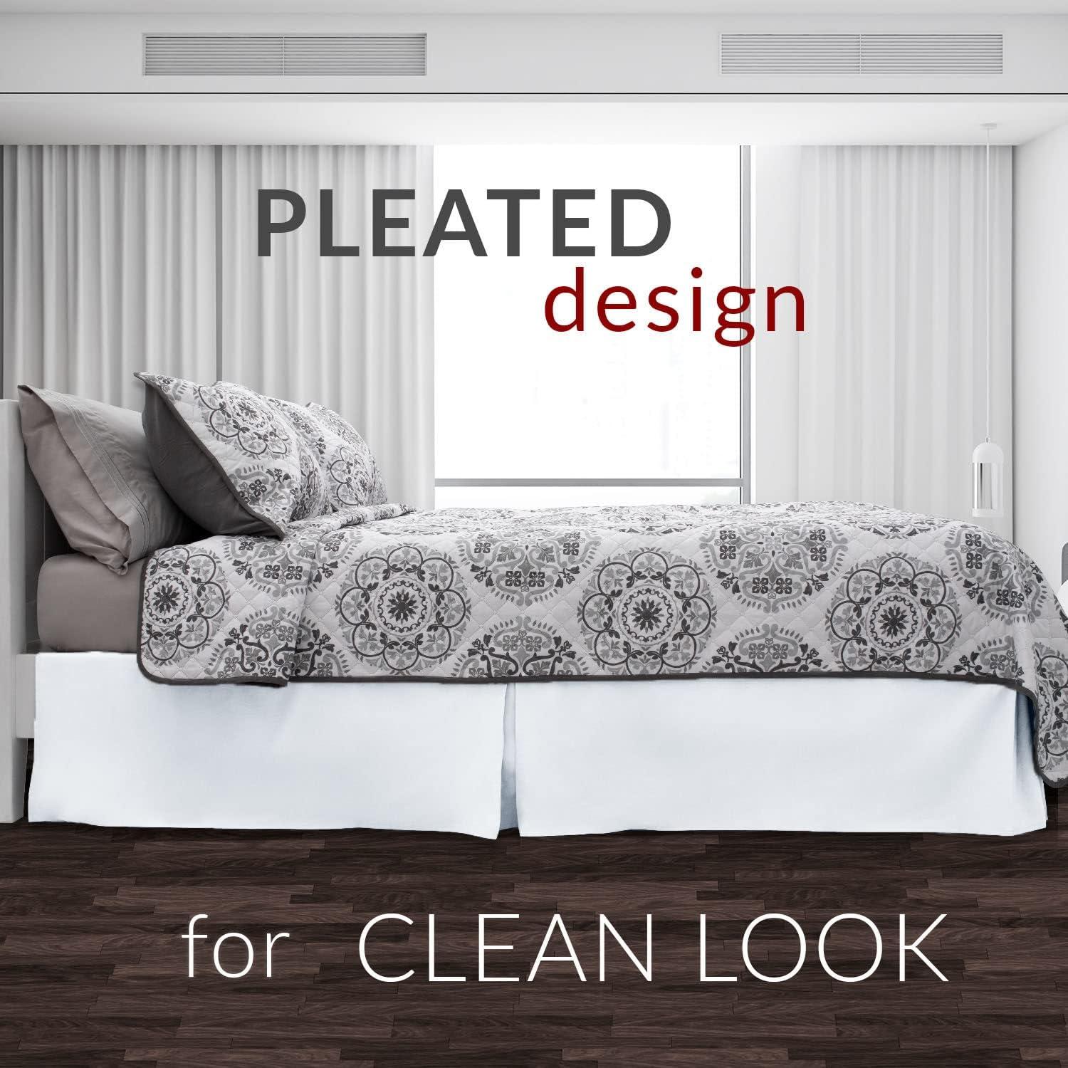 Mellanni Iconic Collection Pleated Microfiber Bed Skirt 15" Drop, Queen, White