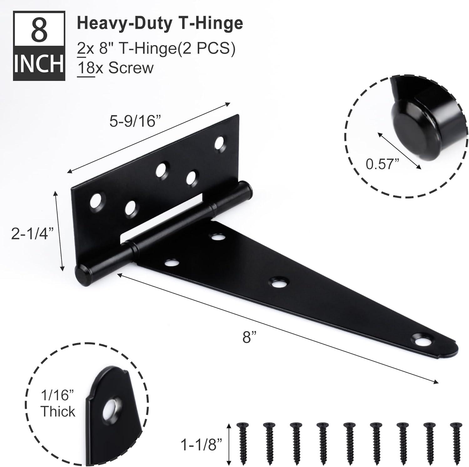 2PCS 8 Inches T Shape Rustproof Iron Light Duty Shed Hinge Gate Strap Hinge Door Gates Hinges (Black)
