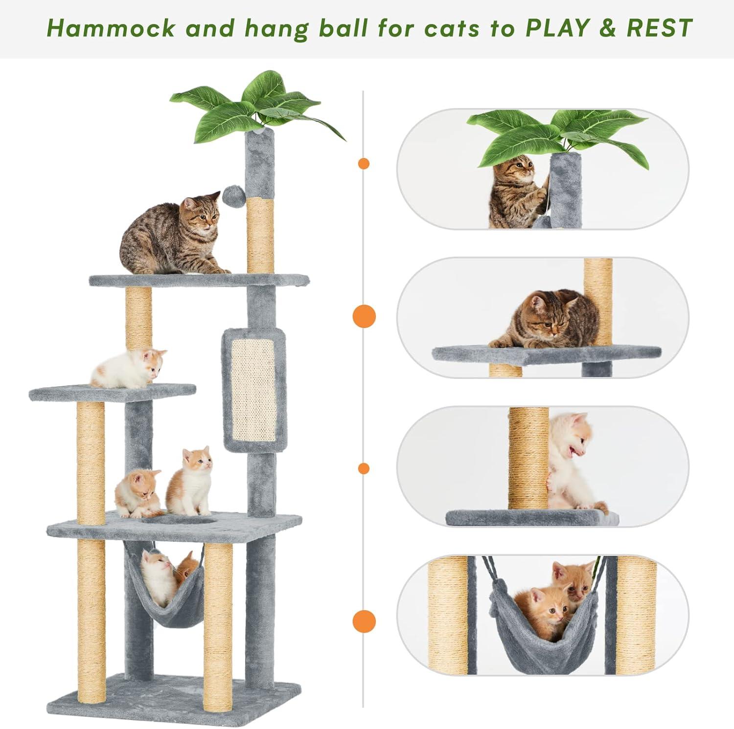 55" Cat Tree for Indoor Cats with Green Leaves, Multi-Level Large Cat Tower for Indoor Cats with Hammock, Plush Cat House with Hang Ball Toy and Cat Sisal Scratching Posts Cat Furniture, Green