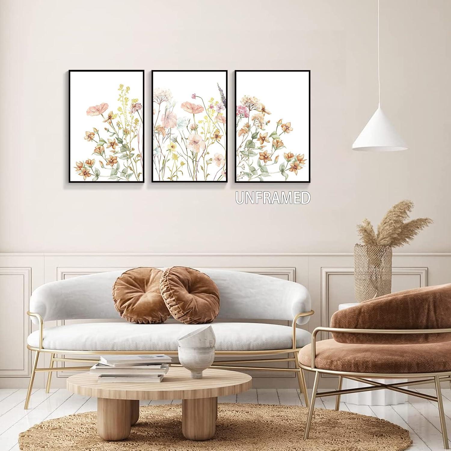 Framed Wildflower Wall Art Canvas Prints Plant Watercolor Floral Poster Set of 3 Colorful Botanical Rustic Painting Farmhouse Picture Wall Decor for Bedroom Living Room Bathroom12x16in