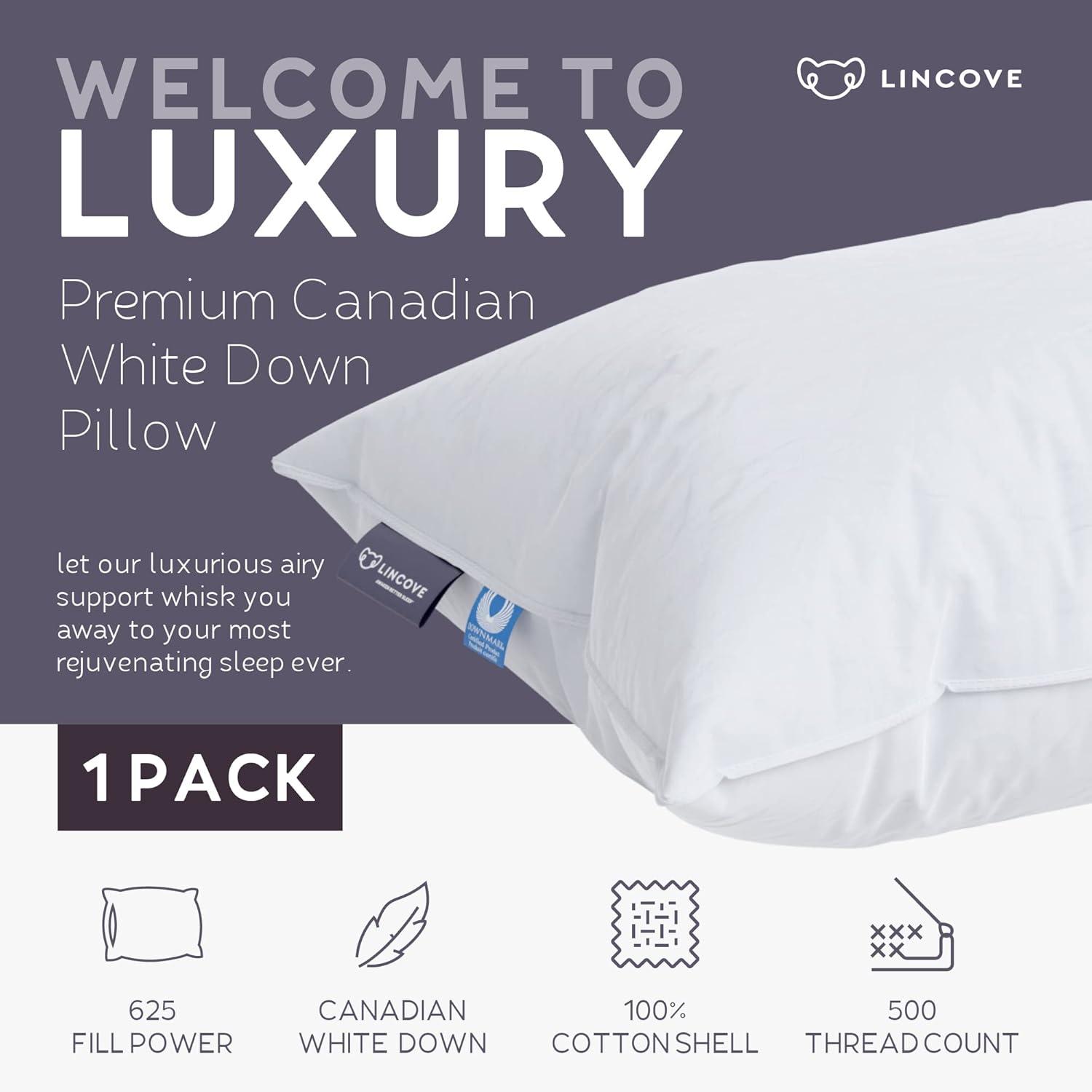 Lincove Cloud Canadian Down Luxury Sleeping  Pillow - 625 Fill Power, 500 Thread Count Cotton Sateen Shell, King - Medium, 1 Pack