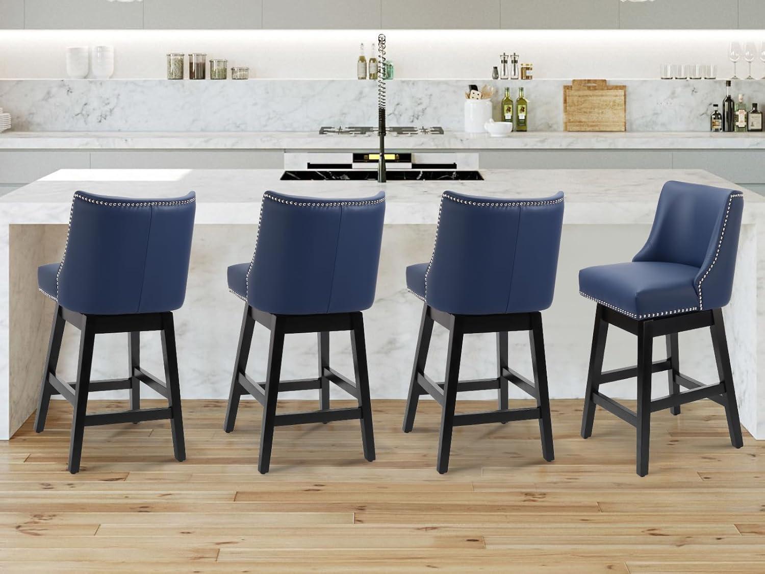 Swivel Bar Stools Set of 2 with Thicker Wood Legs,26" Counter Height Bar Stools,Faux Leather,Blue